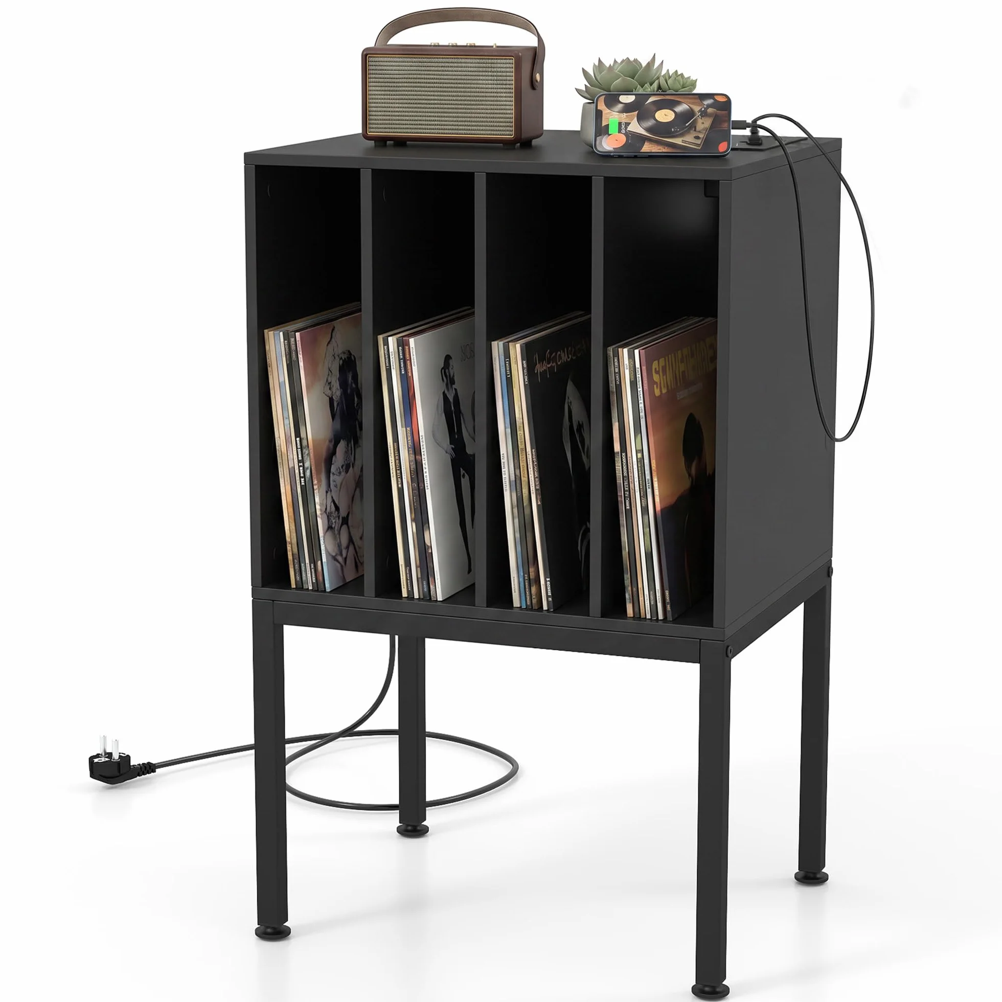 GIANTEX Stojak na gramofon ze stacją ładującą, regał na płyty gramofonowe z 4 przegródkami do przechowywania płyt gramofonowych, stół do gramofonu z metalowymi nogami, do salonu, pokoju muzycznego