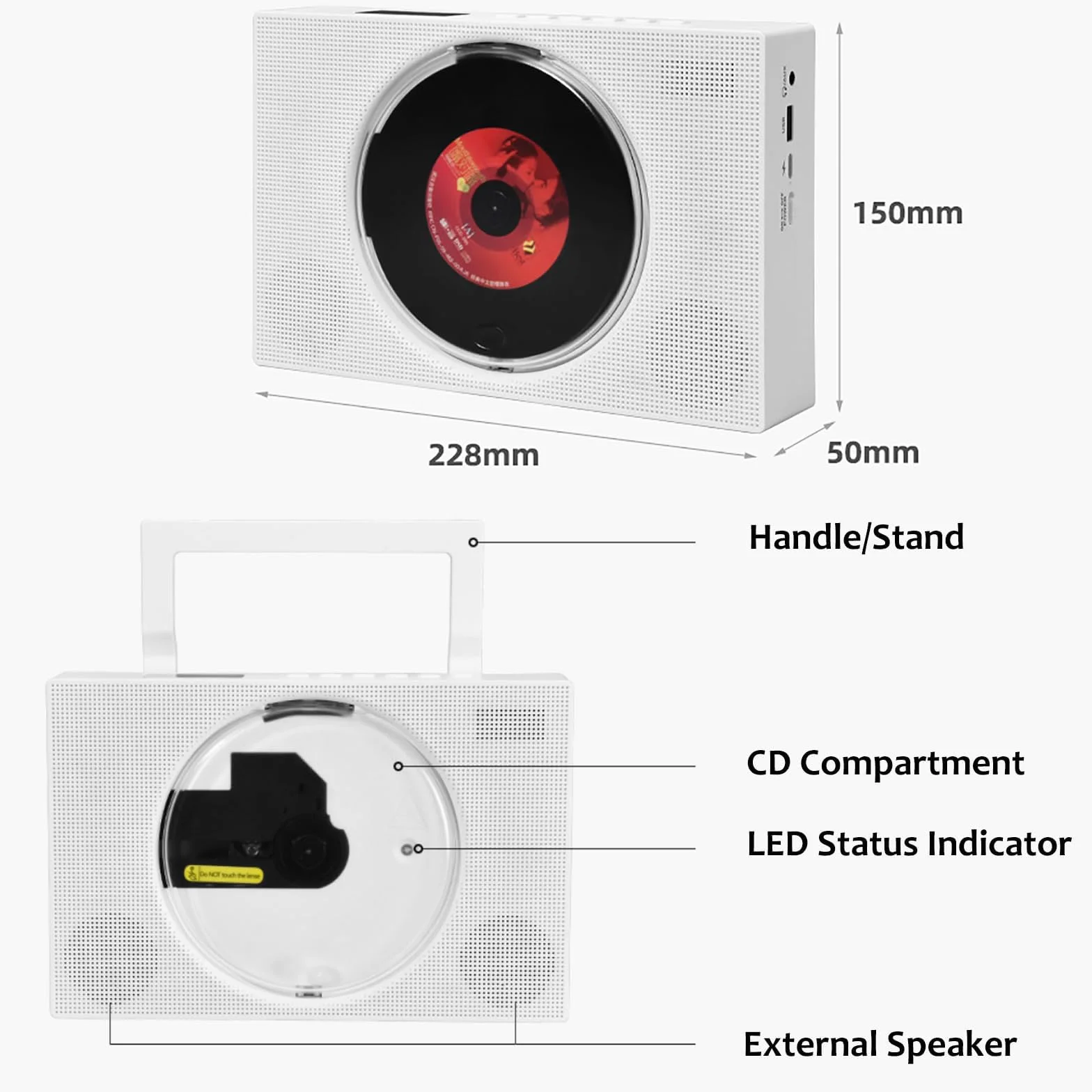 Przenośny odtwarzacz CD, Odtwarzacze CD Blutooth do ładowania, radio FM, z głośnikami 45 mm x 2, wiele trybów odtwarzania, do podróży, domowego biura