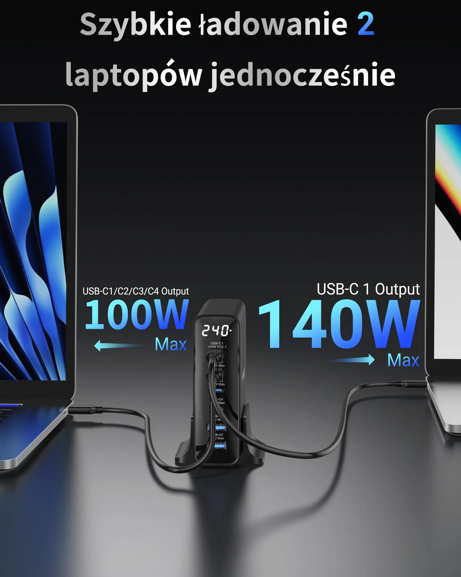Ładowarka USB C 240W, 6 portów, Ładowarka PD3.1 GaN z wyświetlaczem LED, Stacja Szybkiego Ładowania na Biurko do MacBook Pro/Air, do iPhone Pro/iPad Pro/Dell XPS/Galaxy/laptopów i innych, Czarna