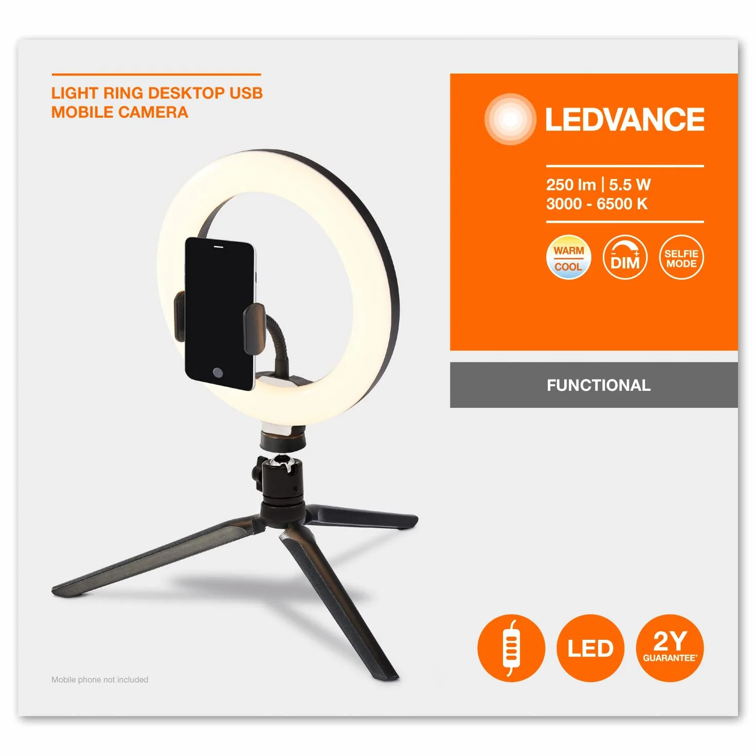 LEDVANCE Lampa pierścieniowa LED 190mm USB 72 diody ściemniana 3000-5800K 10W 400-500lm