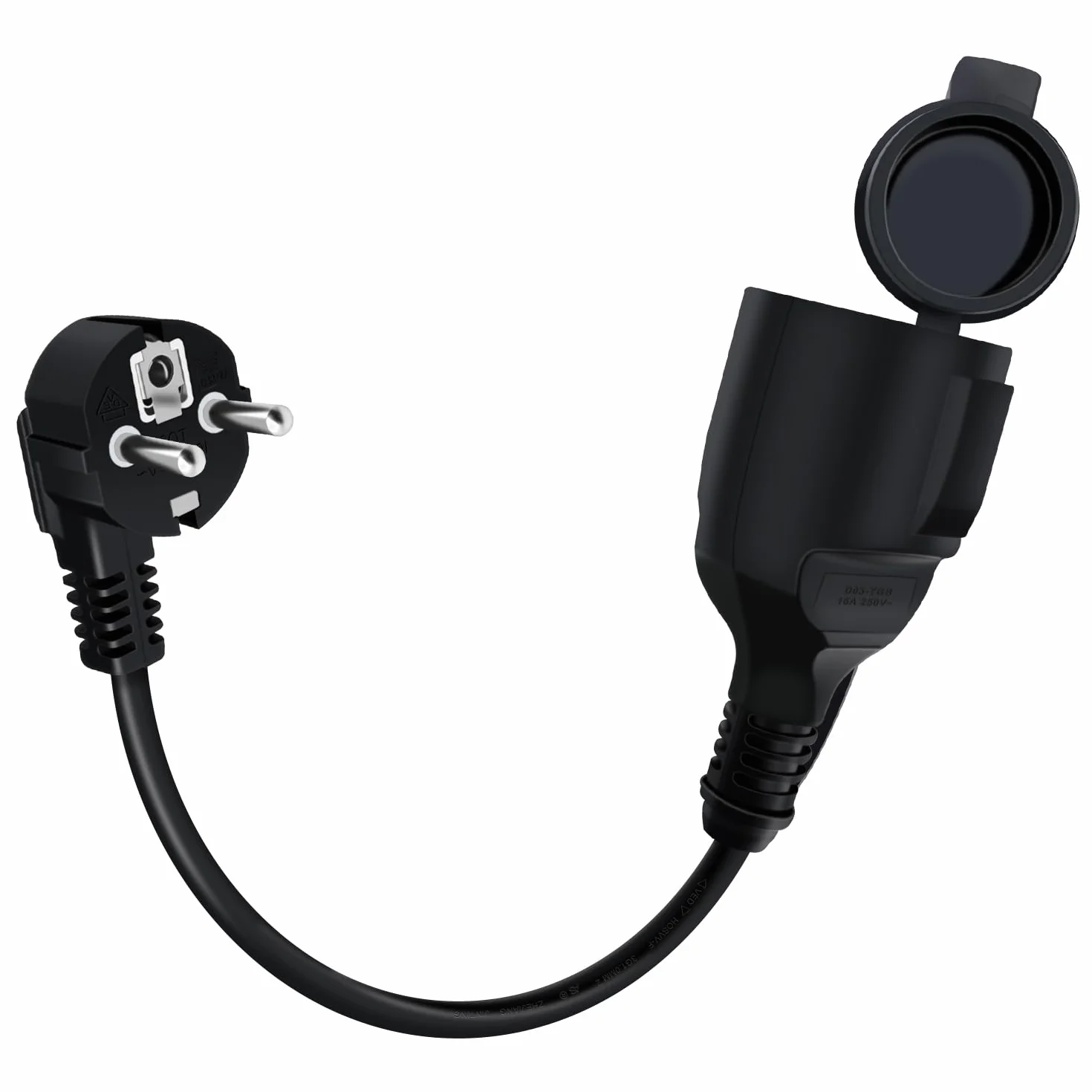 Schuko Przedłużacz Krótki 90° ochronny przedłużacz kontaktowy 16A /250V Krótki kabel 2 AC dla gniazda IP44 na zewnątrz lub wewnątrz, dom, biuro (czarny, 0.3 m)