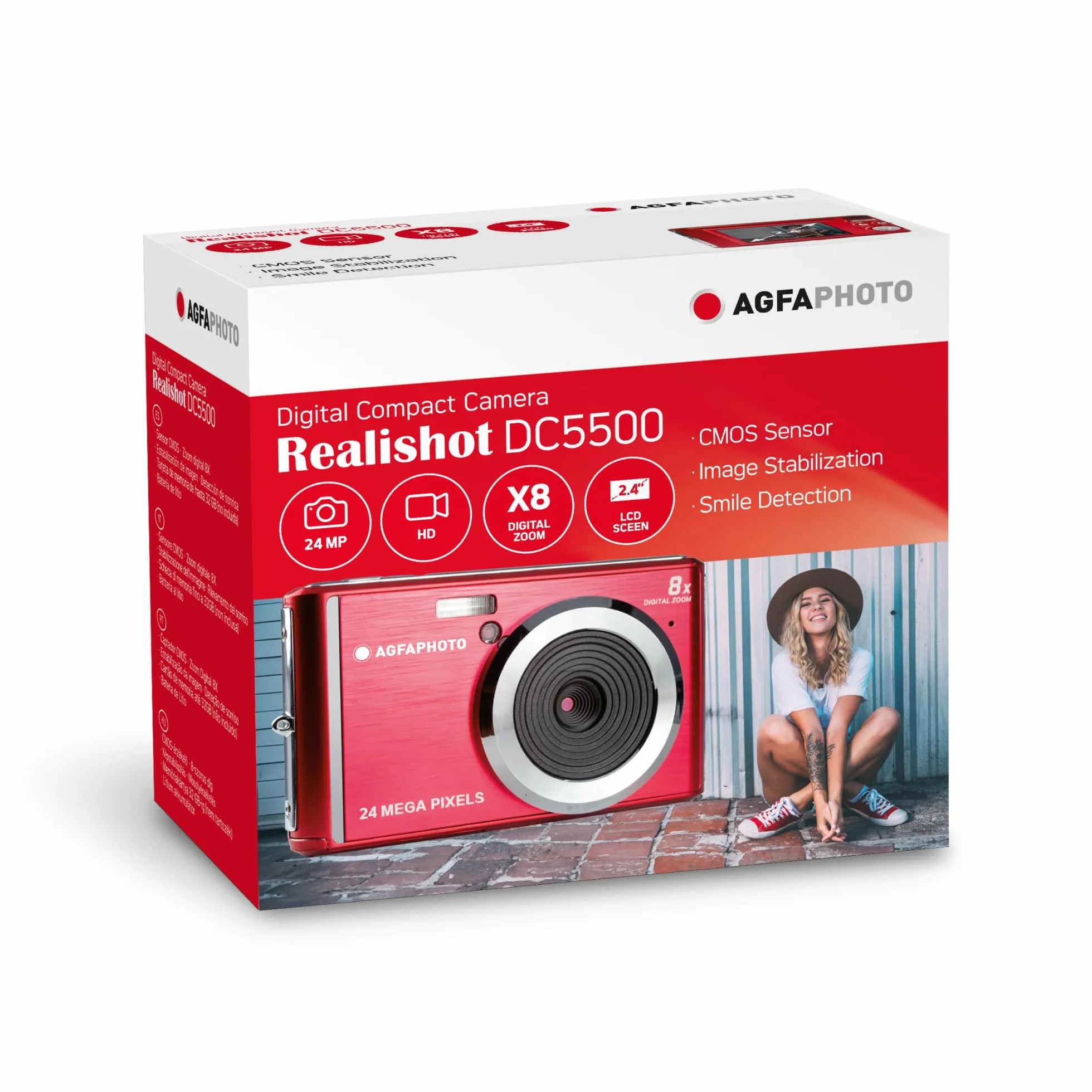 AGFA Realishot DC5500 - kompaktowy aparat cyfrowy, 24 MP, 2,4-calowy ekran LCD, 8-krotny zoom cyfrowy, wideo HD 720p, zewnętrzna pamięć SD, bateria litowa - czerwony