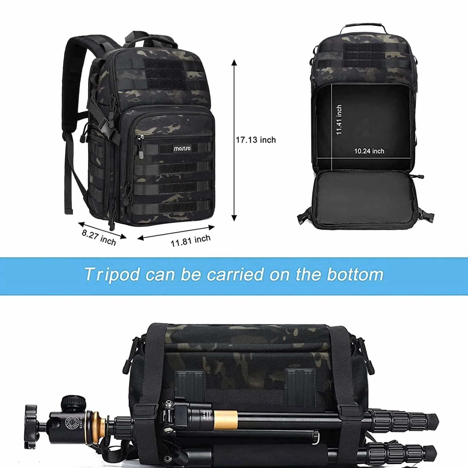 MOSISO Plecak na aparat, DSLR/SLR/Fotografia bezlusterkowa, taktyczna torba na aparat z uchwytem na statyw i kieszenią na laptopa 15-16 cali, kompatybilna z Canon/Nikon/Sony, kamuflaż nocny