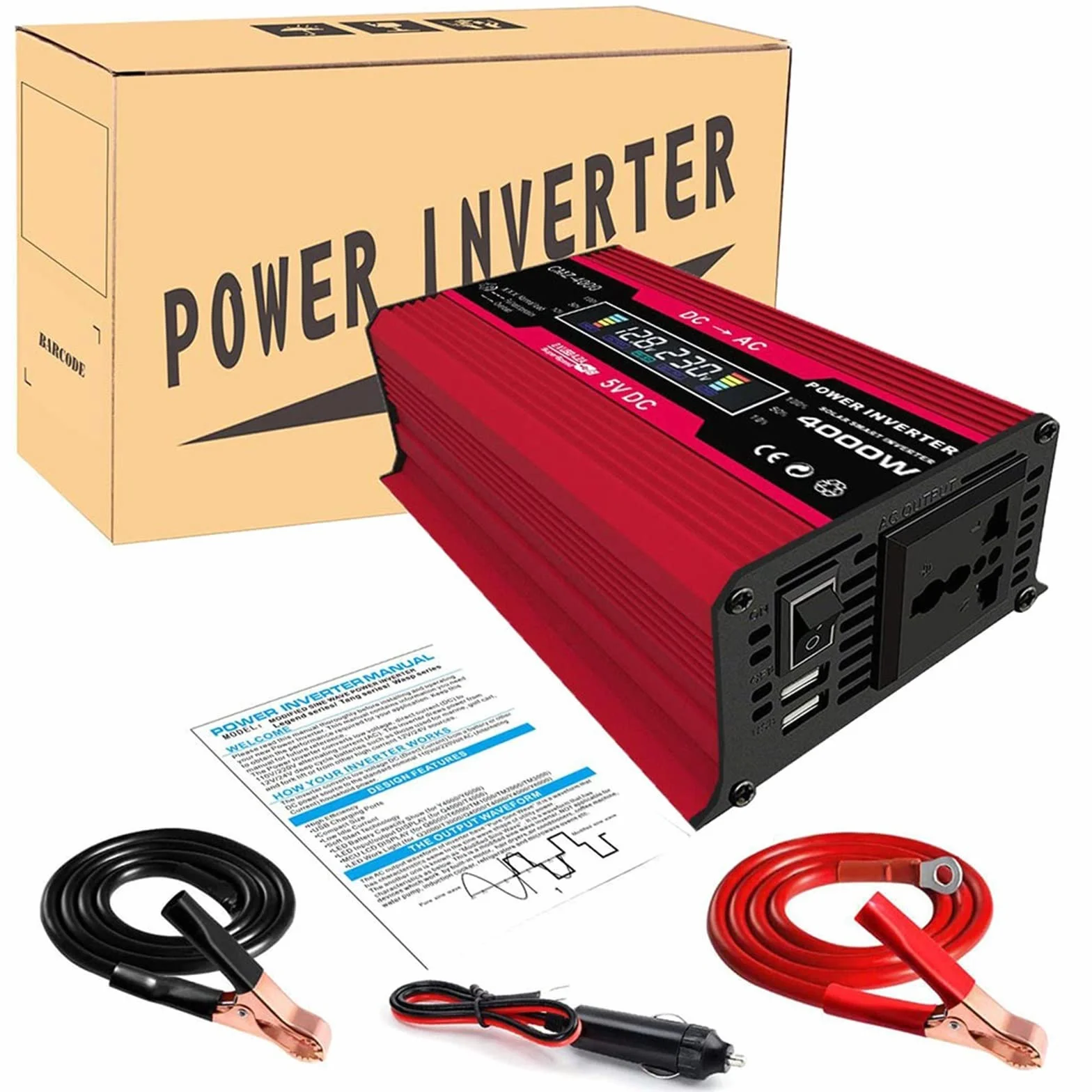 Falownik, 4000W zmodyfikowana fala sinusoidalna przetwornica napięcia 12V 220 do generatora konwerterów domowych z przetwornicą częstotliwości ładowania LCD(4000W Red)
