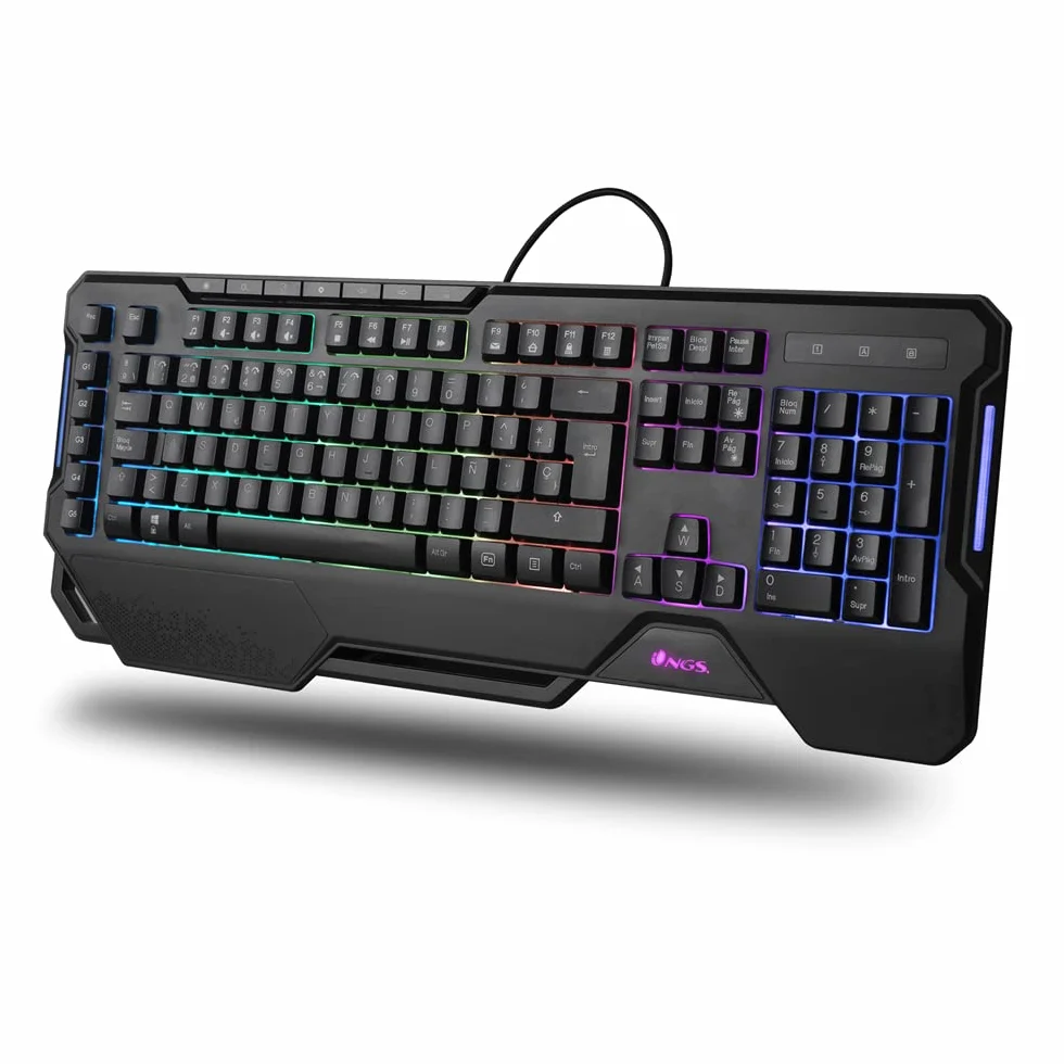 NGS GKX-450 klawiatura membranowa do gier z oświetleniem RGB, włoska klawiatura QWERTY, programowalna, 19 klawiszy multimedialnych, kabel 1,8 m, czarna