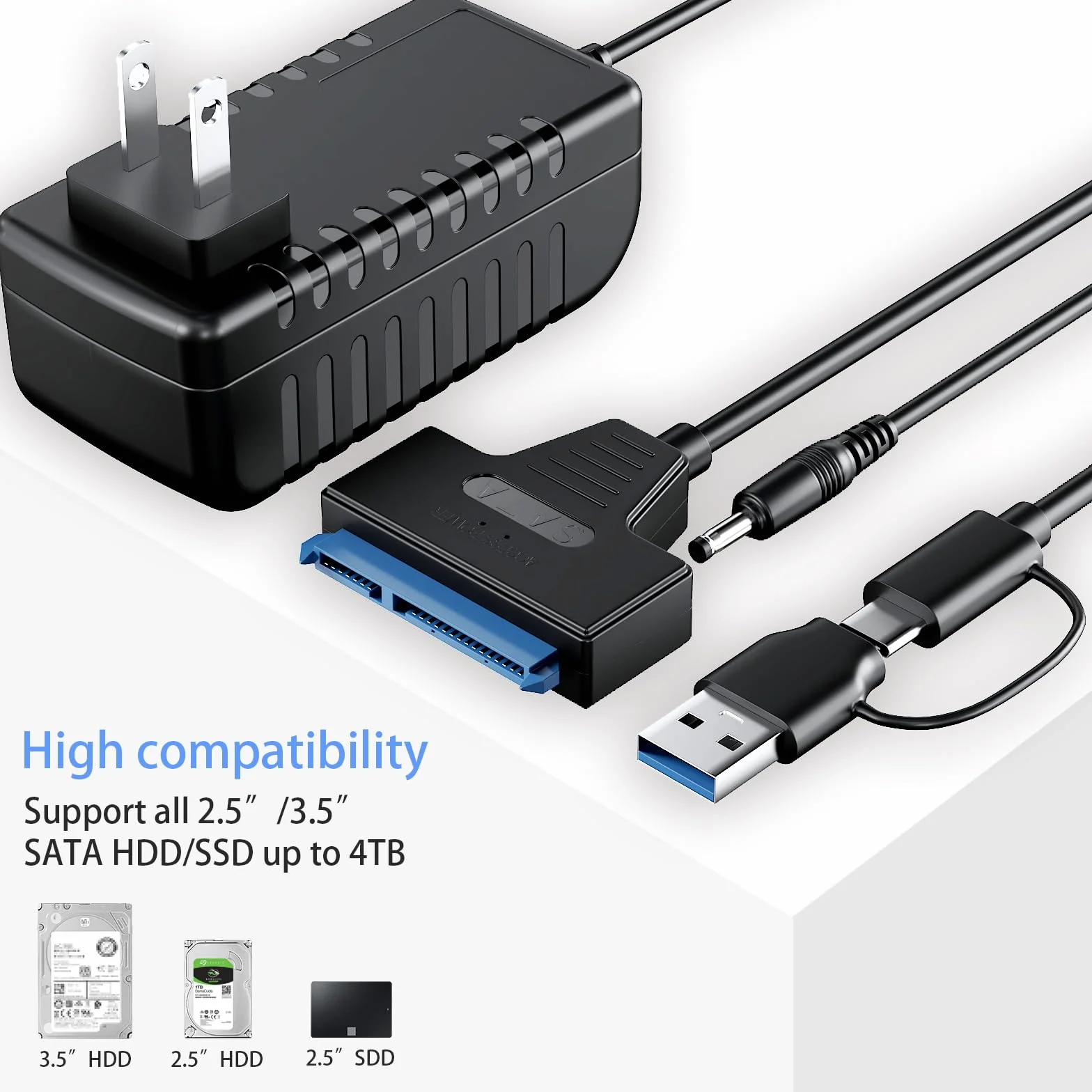Kabel adaptera SATA na USB 3.0 i USB C do czytnika dysków twardych SSD/HDD 3,5 cala, zewnętrzny konwerter do transferu danych SSD/HDD z zasilaczem 12 V/2 A