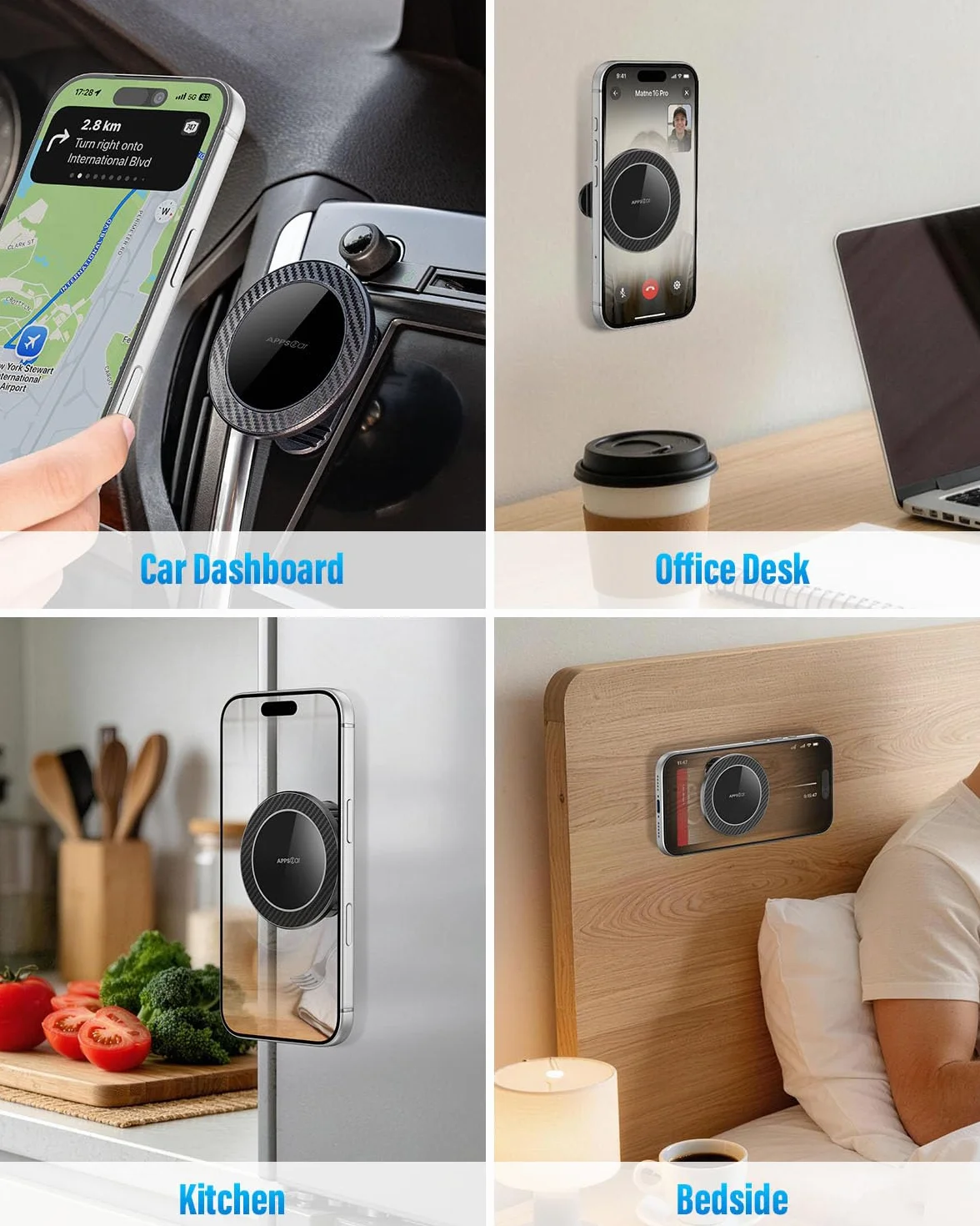 APPS2Car Magnetyczny Uchwyt na Telefon, Kompatybilny z MagSafe, 17 Magnesów N56, Obrót 360°, Kompaktowy Uchwyt do Deski Rozdzielczej, Biurka, Kuchni i Łóżka
