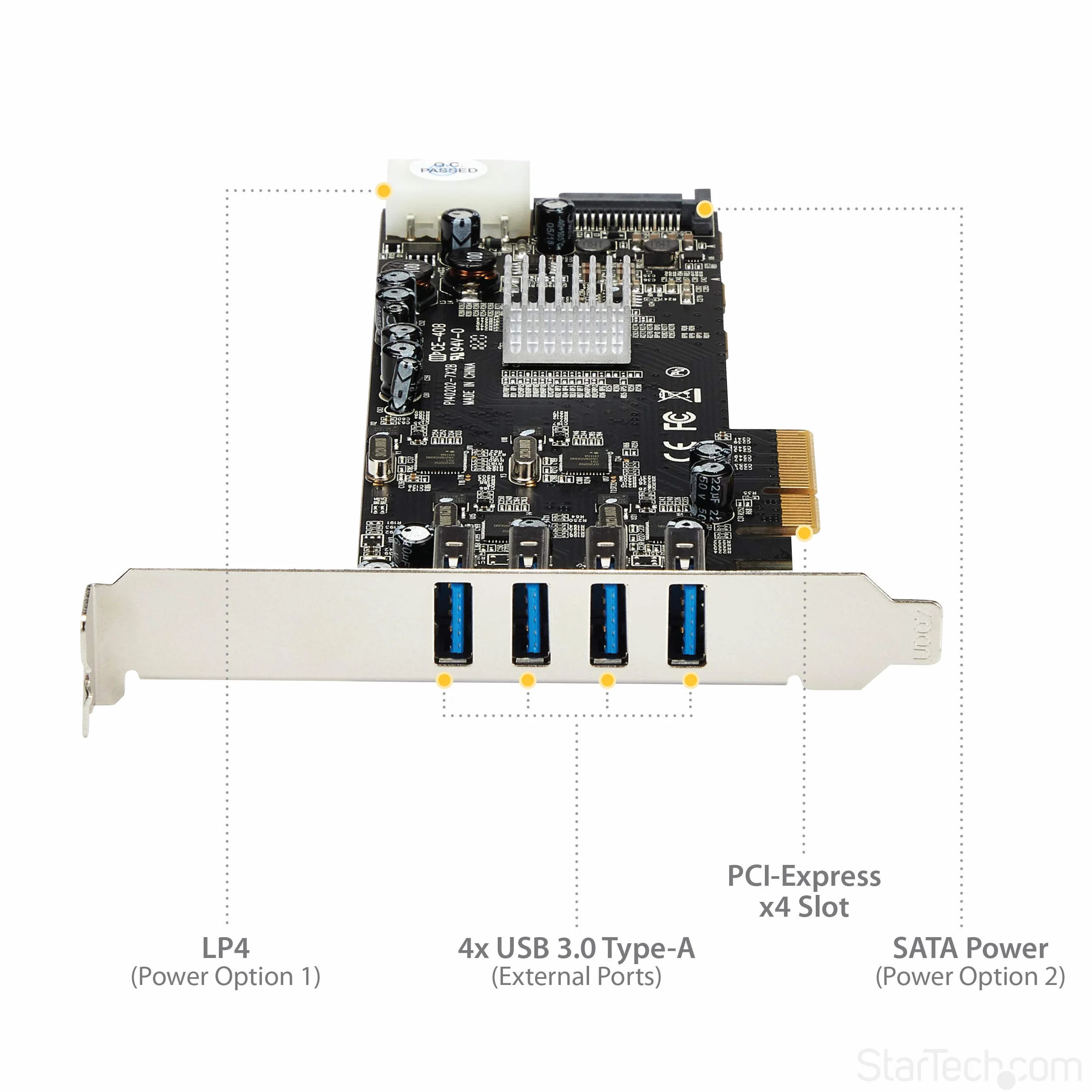 StarTech.com 4-portowa karta USB 3.0 PCIe z 4 dedykowanymi kanałami 5 Gb/s (USB 3.2 Gen 1) - UASP - SATA / LP4 Power - karta adaptera PCI Express (PEXUSB3S44V)