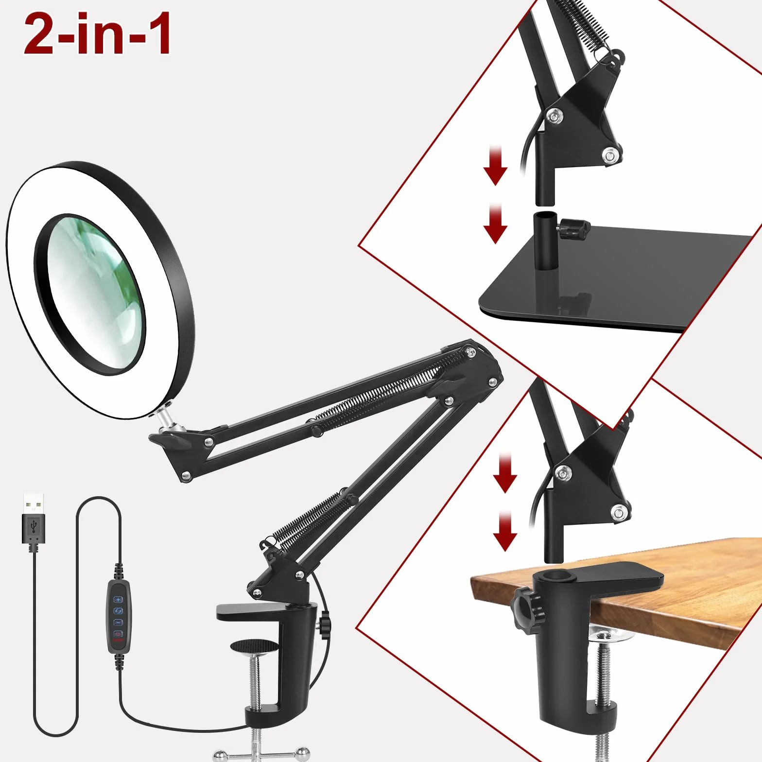 Szkło powiększające 30 x 15 cm ze światłem i stojakiem, podświetlana lupa 2 w 1 z zaciskiem, 5 modeli kolorów i bezstopniowa ściemniana lampa biurkowa LED, bez użycia rąk, do rękodzieła, hobby,