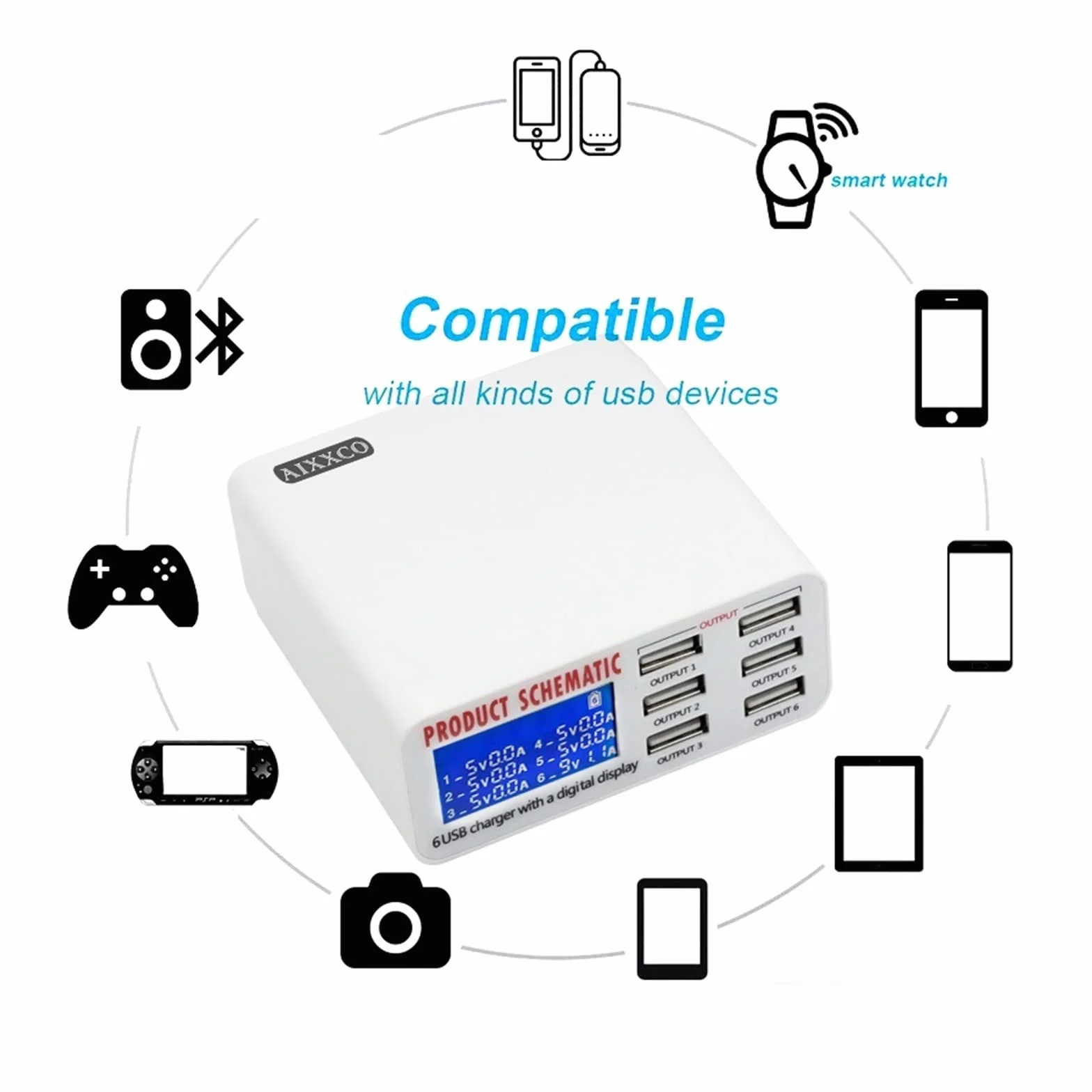 Ładowarka USB, 6A z cyfrowym wyświetlaczem LCD 6-portowa szybka inteligentna stacja ładująca do tabletów telefonicznych smartfonów, użytku w biurze domowym Przenośny(896)