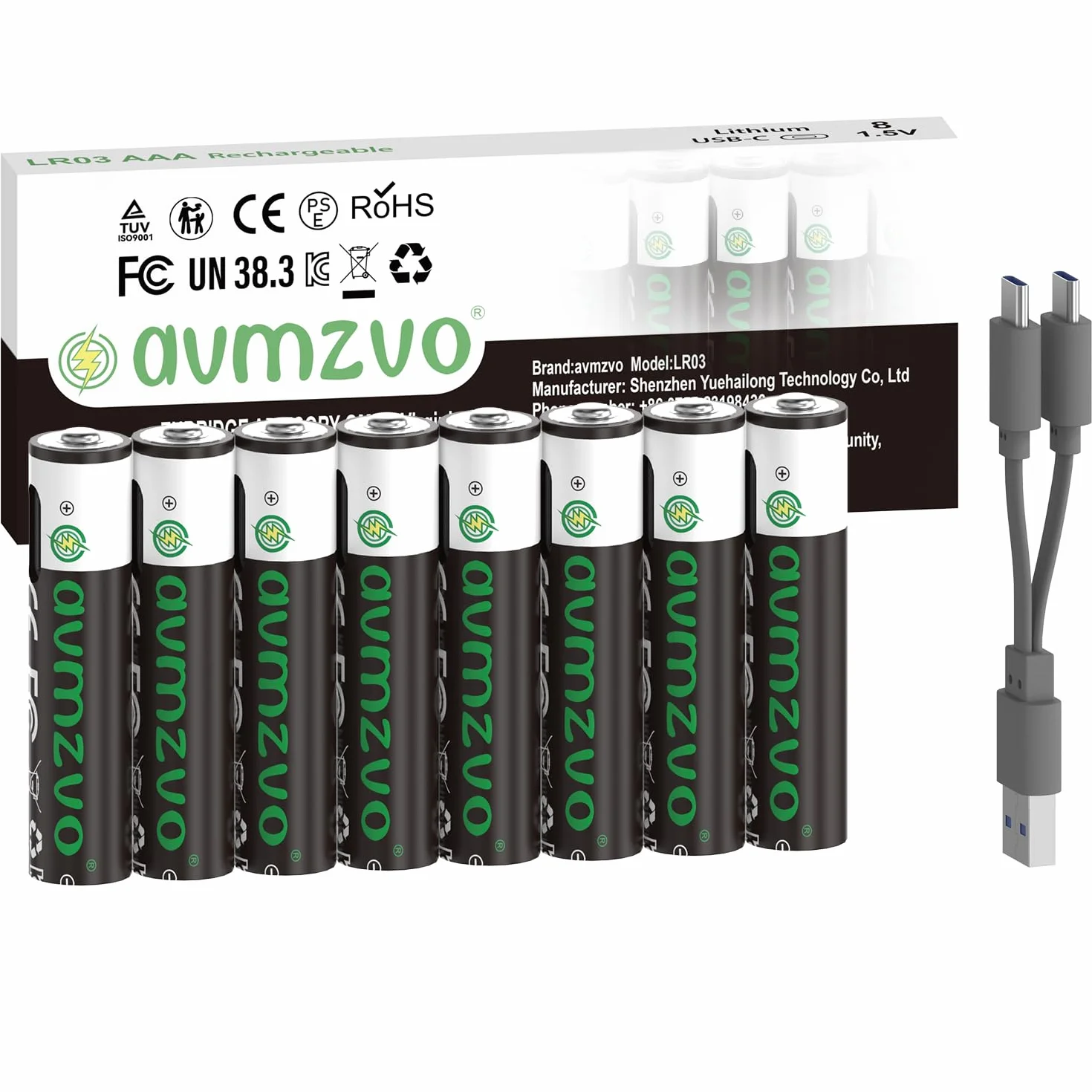 Akumulator AAA, 1,5 V, 1100 mWh, Akumulator litowy USB-C do ładowania z kablem ładującym USB-C 2-w-1, szybkie ładowanie 2-3 godziny, 8 sztuk