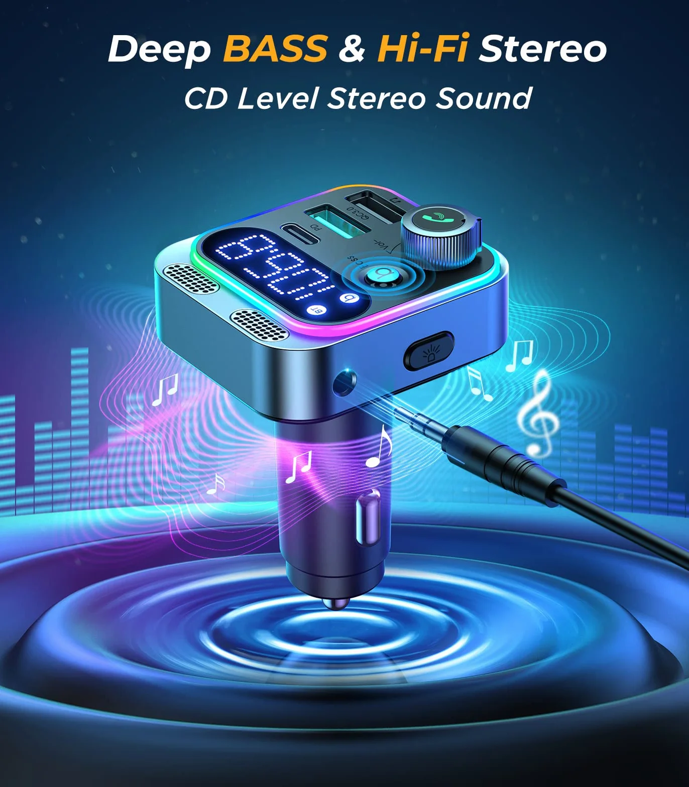 JOYROOM Adapter Aux Bluetooth Samochodowy, Radio samochodowe z nadajnikiem Bluetooth 5.3 FM [Mocniejsze dwa mikrofony i głęboki bas HiFi] Odtwarzacz muzyczny, 48 W PD i QC3.0, zestaw głośnomówiący
