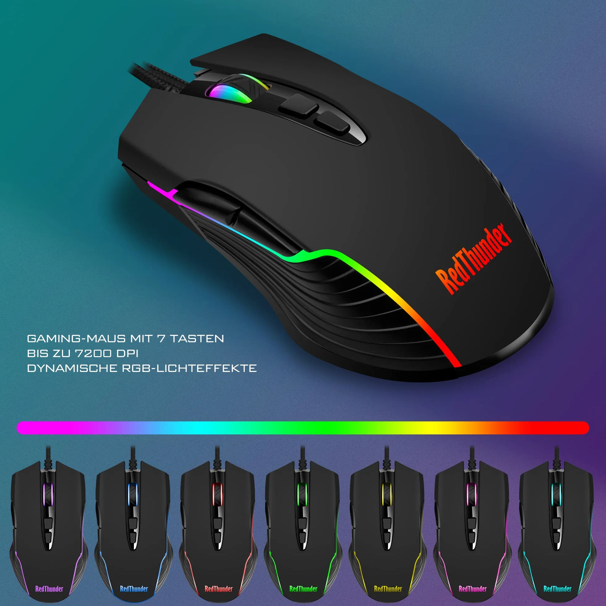 RedThunder K10 zestaw klawiatury i myszy do gier, układ QWERTZ DE, metalowa płyta i podpórka pod nadgarstek, podświetlenie RGB i ergonomiczna 7D dla graczy PC (czarny)