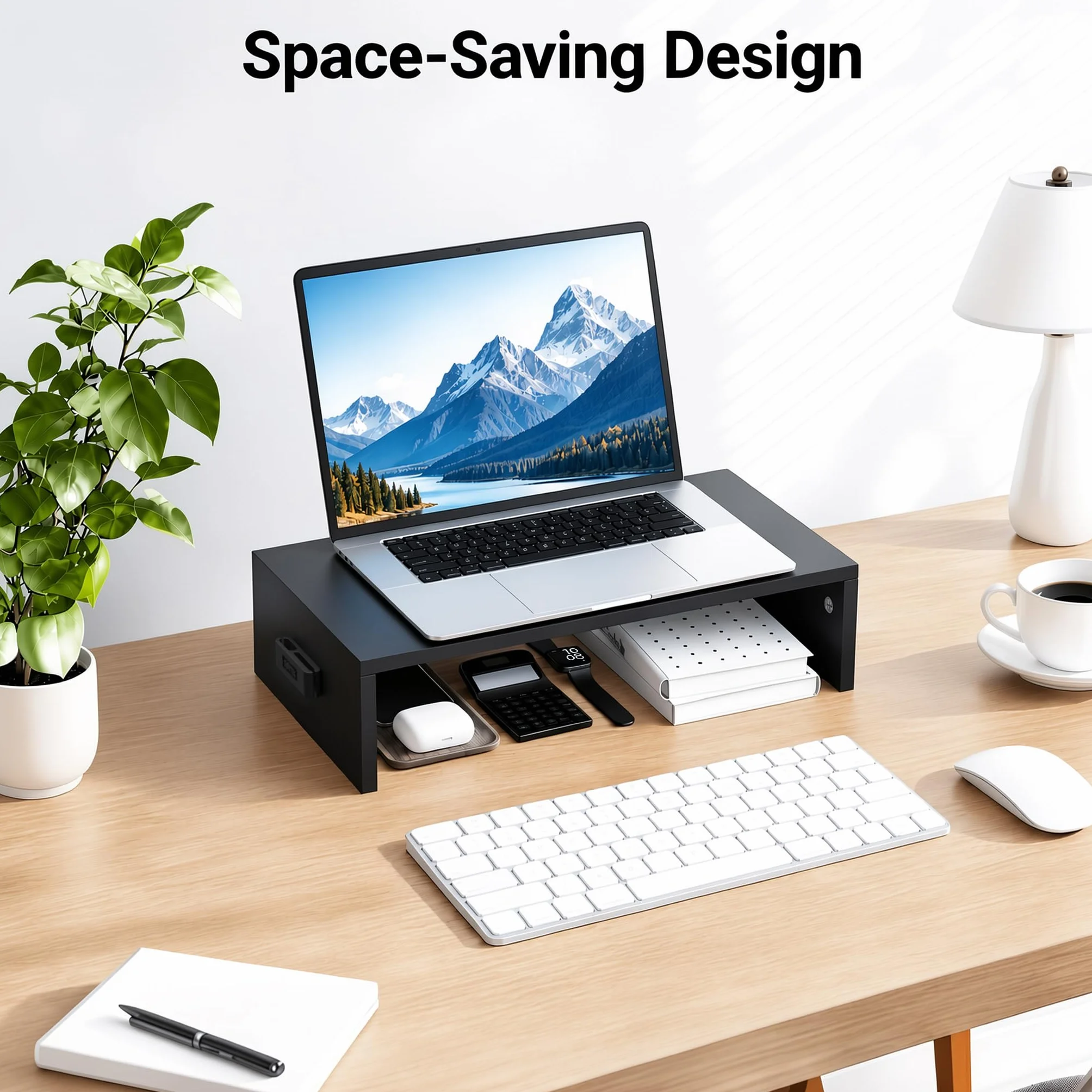 BONTEC Podstawka pod monitor, stojak na monitor, uchwyt na telefon, ergonomiczna podstawka pod drukarkę, pod laptopa z miejscami na kable, do komputerów, notebooków, iMaców, Pecetów, 42 cm, czarny