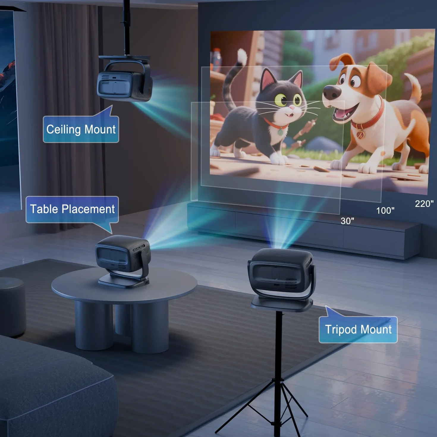 Projektor 4K, elektryczny ostrość, obrót 180°, 26000Lux projektor kina domowego z WiFi 6 i Bluetooth, zoom, korekcja trapezowa, natywny reflektor 1080P do smartfonów z systemem iOS/Android