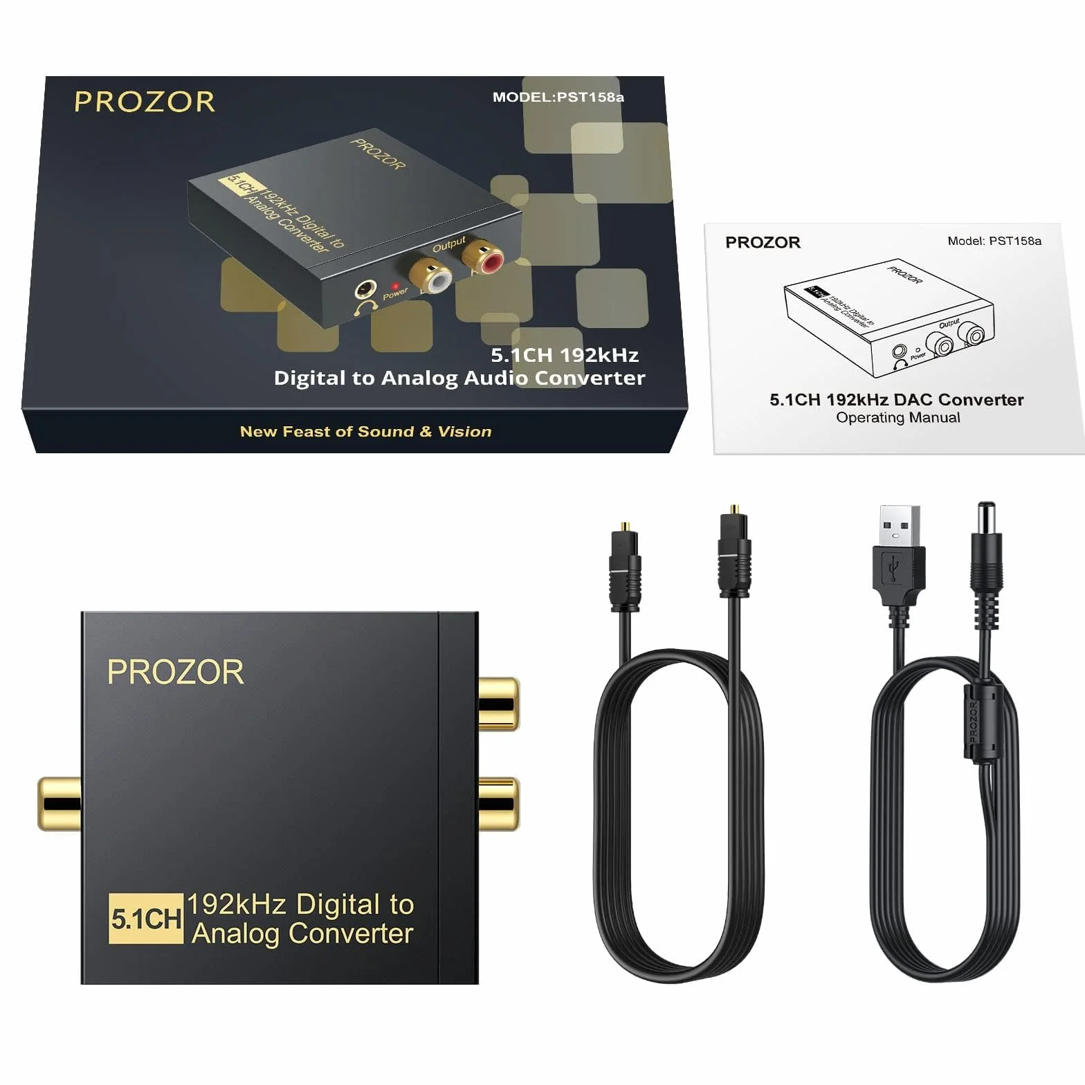 PROZOR Konwerter optyczny na RCA 192 kHz, konwerter DAC, konwerter obsługuje regulację głośności, Coaxial SPDIF Toslink Optical to Analog, stereo L/R, RCA, gniazdo 3,5 mm, adapter audio do HDTV itp