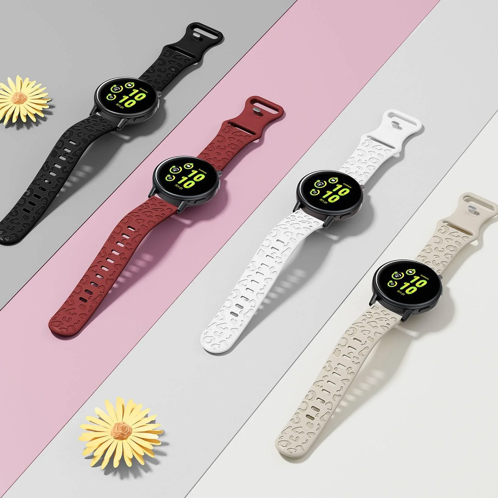pasek do smartwatchy o szerokości 18 mm z grawerunkiem cętek lamparta, kompatybilny ze smartwatchami Garmin Venu 2S/Vivoactive 4S/Forerunner 55