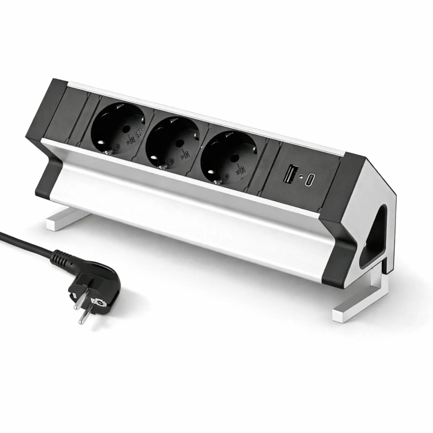 Aluminiowa listwa zasilająca z 3 gniazdami, USB, montaż zaciskowy, kabel zasilający