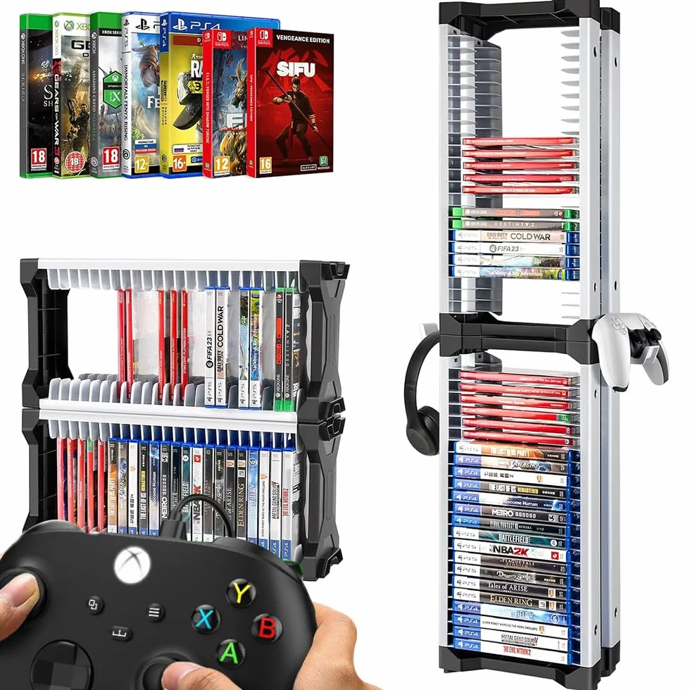 Gry Storage Tower na PS5, regał na płyty do gier wideo na PS4, Xbox Series X, Switch Games i Blu-Ray, pomieści 46 sztuk płyt do gier, łącznie z 2 uchwytami na słuchawki