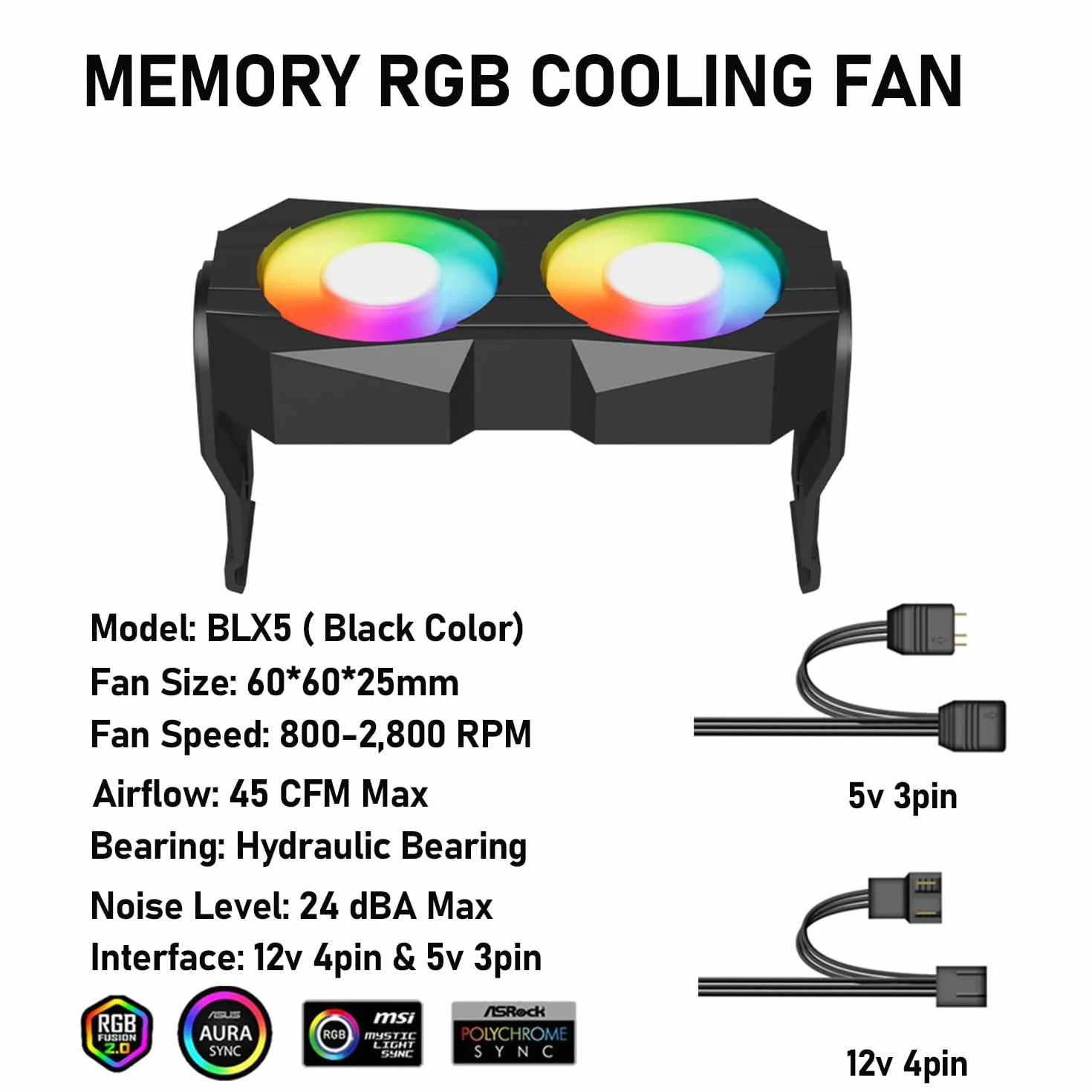 Komputer Memory Ram Radiator Plastikowy radiator ram wentylator chłodzący z dwoma obrotowymi wentylatorami PC 60 mm 4-pinowy PWM i 5V 3PIN ARGB ram wentylator chłodzący do modułu pamięci (czarny)