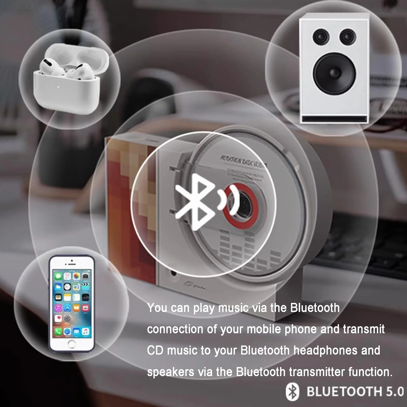 Przenośny odtwarzacz CD Bluetooth z głośnikiem HiFi, pilot zdalnego sterowania, obsługa USB/AUX, do montażu na ścianie i na biurku, dla miłośników muzyki