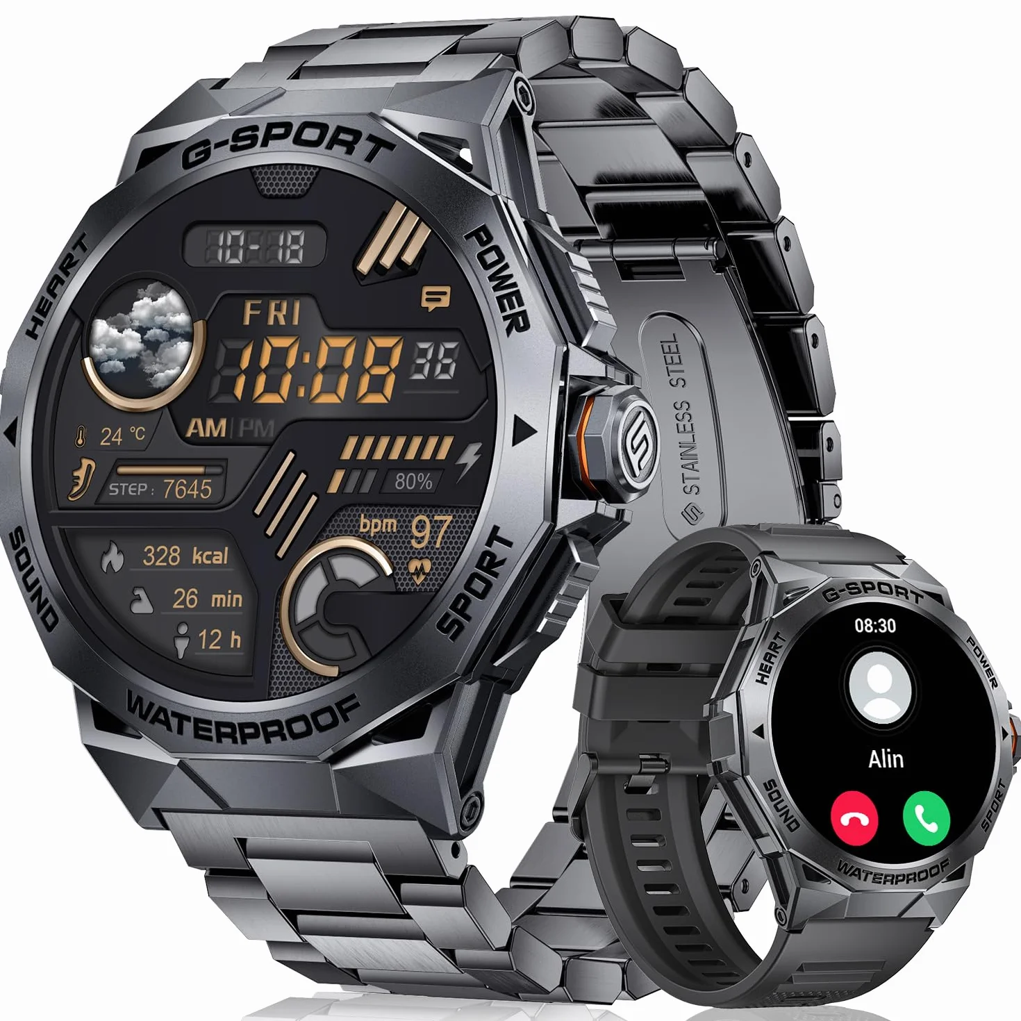 LIGE Męski smartwatch, przełączanie/odbieranie połączeń, 400 mAh, 1,43" AMOLED Smartwatch z pulsometrem i monitorem snu, inteligentny zegarek dla systemu Android iOS czarny pomarańczowy