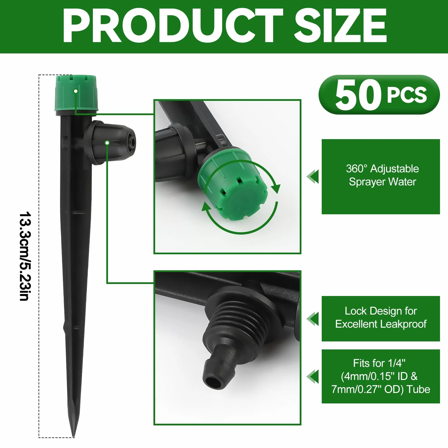 TOROKOM Krople nawadniające 1/4" z blokadą, 50 sztuk regulowanych reflektorów kropelkowych, dysze do nawadniania kropelkowego do rur 4/7 mm, regulacja 360 stopni, 8 otworów, system mikrokroplowy do