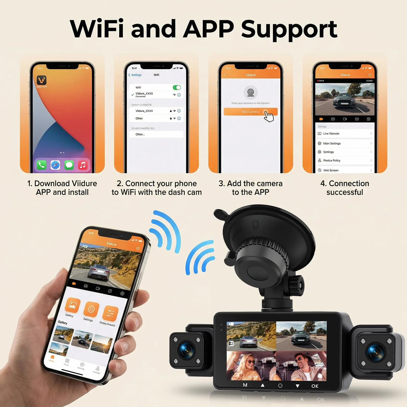 Hodozzy Samochodowa kamera na deskę rozdzielczą WiFi, 1080p, 360°, z funkcją nagrywania w pętli, czujnik G, widoczność w nocy, wykrywanie ruchu, sterowanie za pomocą aplikacji, korekta ekspozycji