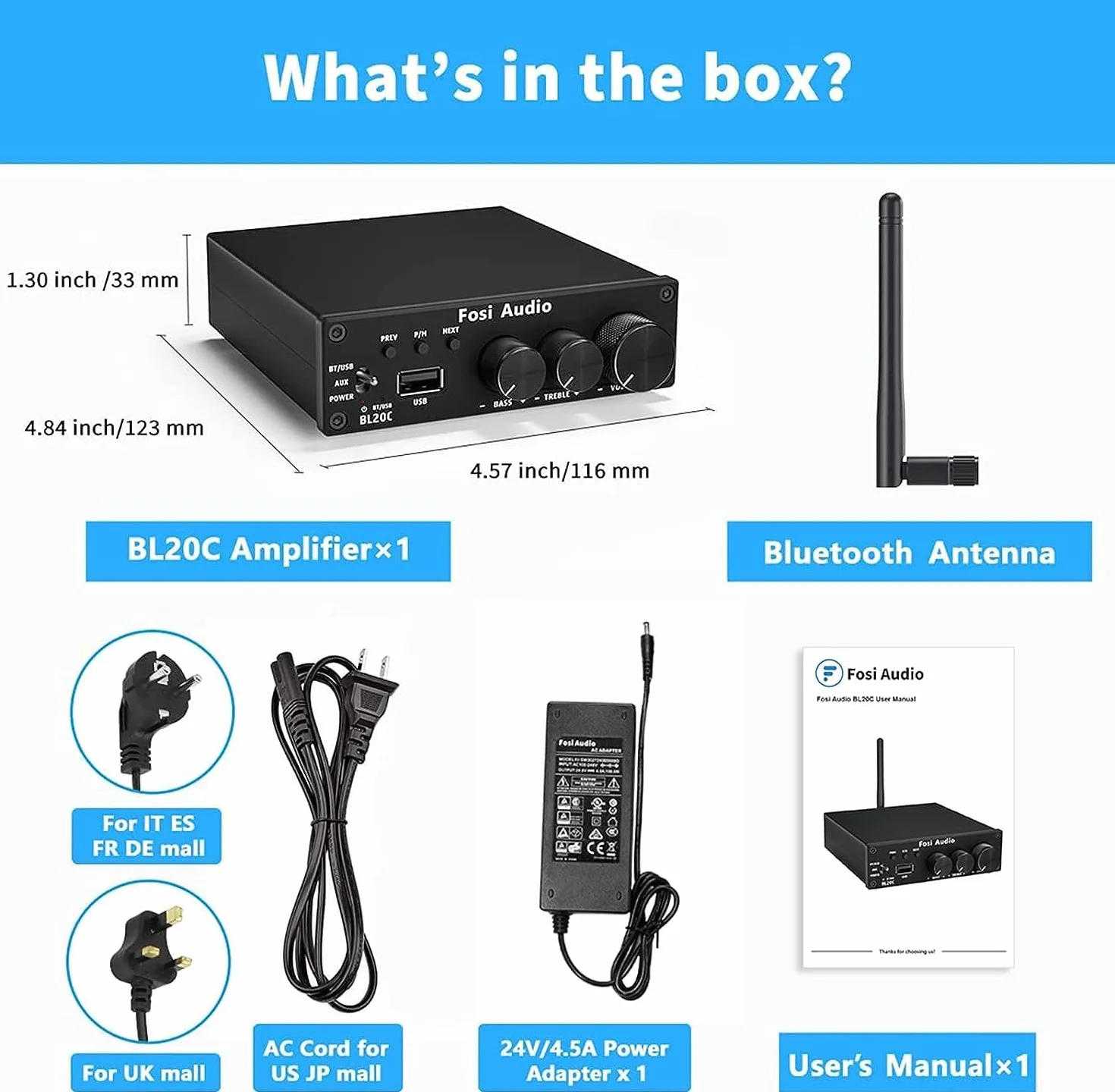 Fosi Audio BL20C 320 W Wzmacniacz odbiornika audio stereo Bluetooth 5.0 2.1 CH Mini Hi-Fi klasy D TDA7498E Wzmacniacz zintegrowany Odtwarzacz U-Disk do domowych głośników pasywnych Zasilany subwoofer