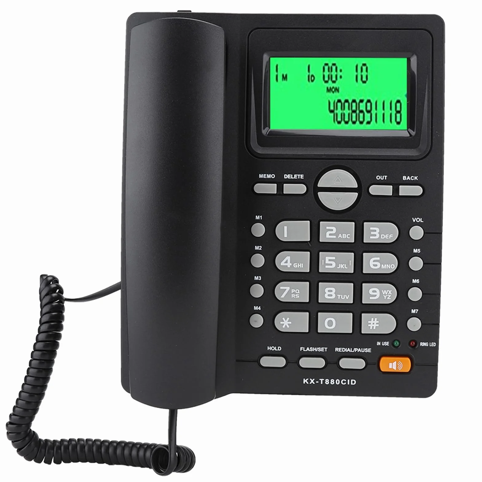 KX T880C telefon stacjonarny, przewodowy z głośnikiem, identyfikator dzwoniącego, funkcja szybkiego wybierania i wyciszania, telefon z dużym przyciskiem do domowego biura, bez baterii (czarny)