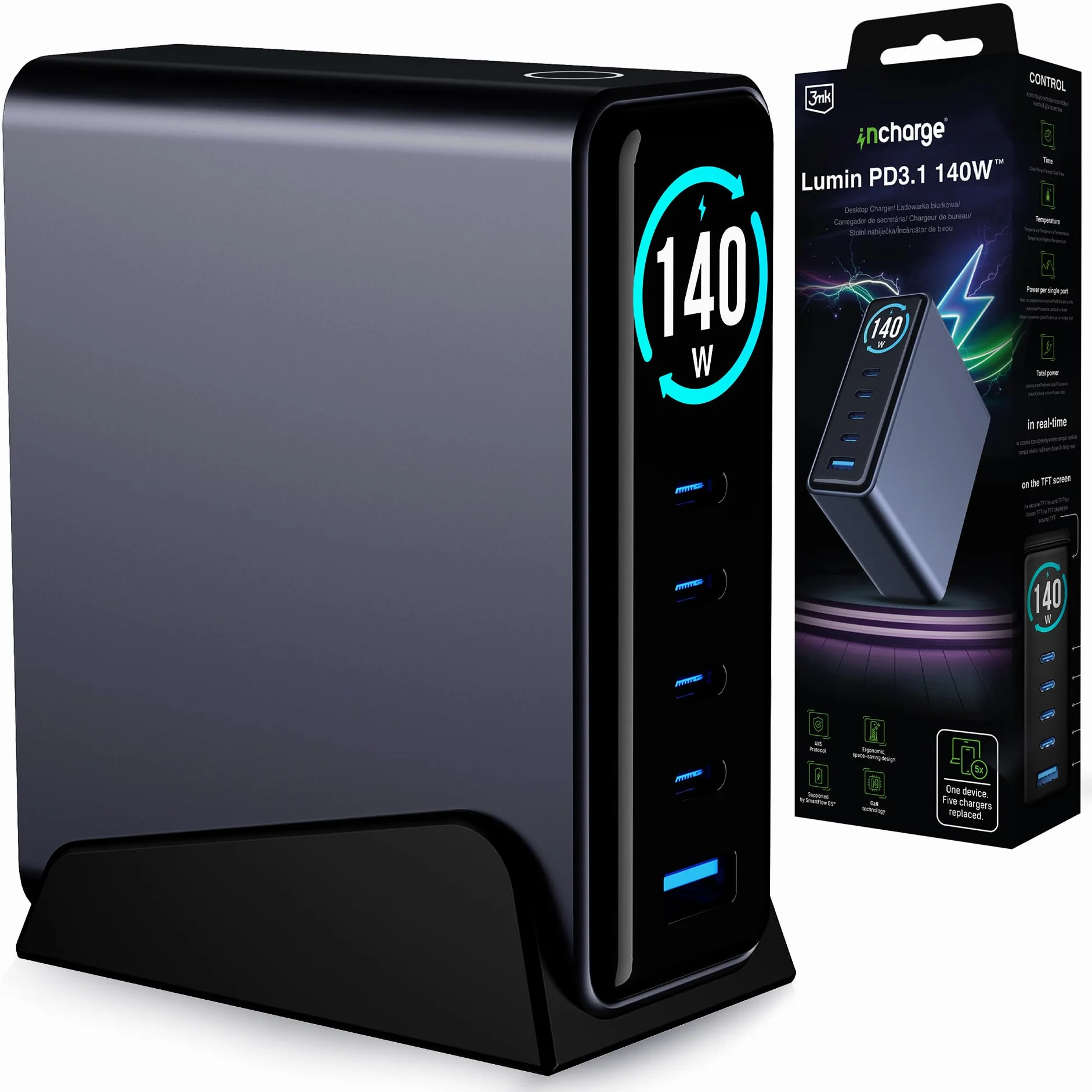 3mk InCharger Desktop Charger Lumin Stacja Ładująca 140W Czarny