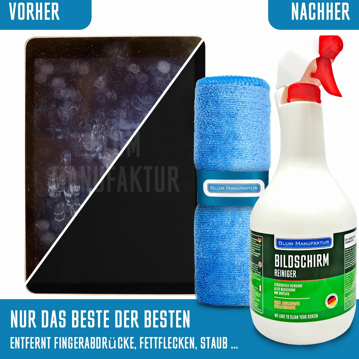 BLUM MANUFAKTUR Środek do czyszczenia ekranu 1 x 1000 ml + 30 x 30 cm ściereczka z mikrofibry super miękka 365 GSM - Screen Cleaner - środek do czyszczenia wyświetlacza