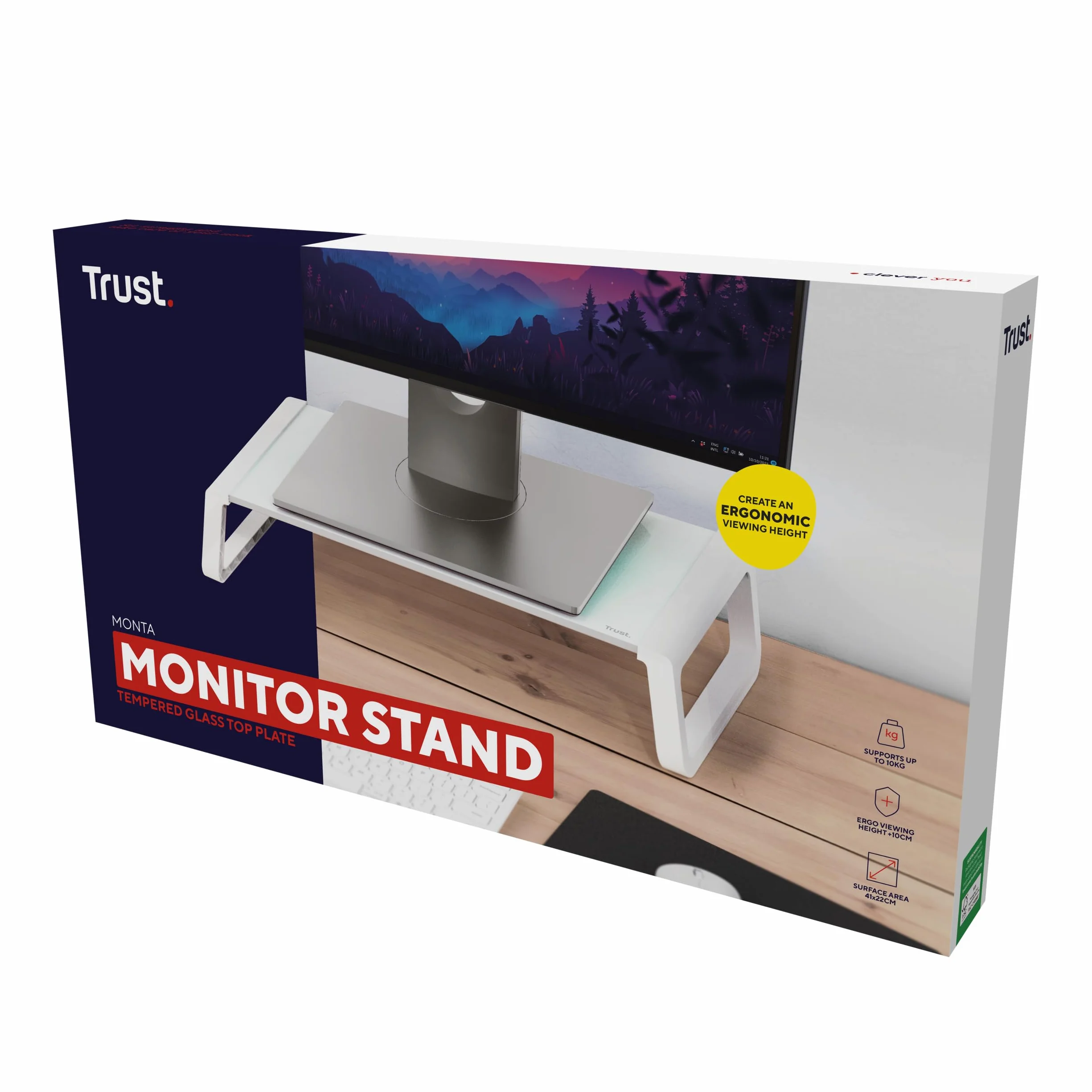 Trust Monta Stojak na monitor, stojak na ekran ze szkła hartowanego, uniwersalny organizer do półek, ergonomiczny, na biurko, do komputera PC, Mac, komputera, notebooka, domowego biura, biały