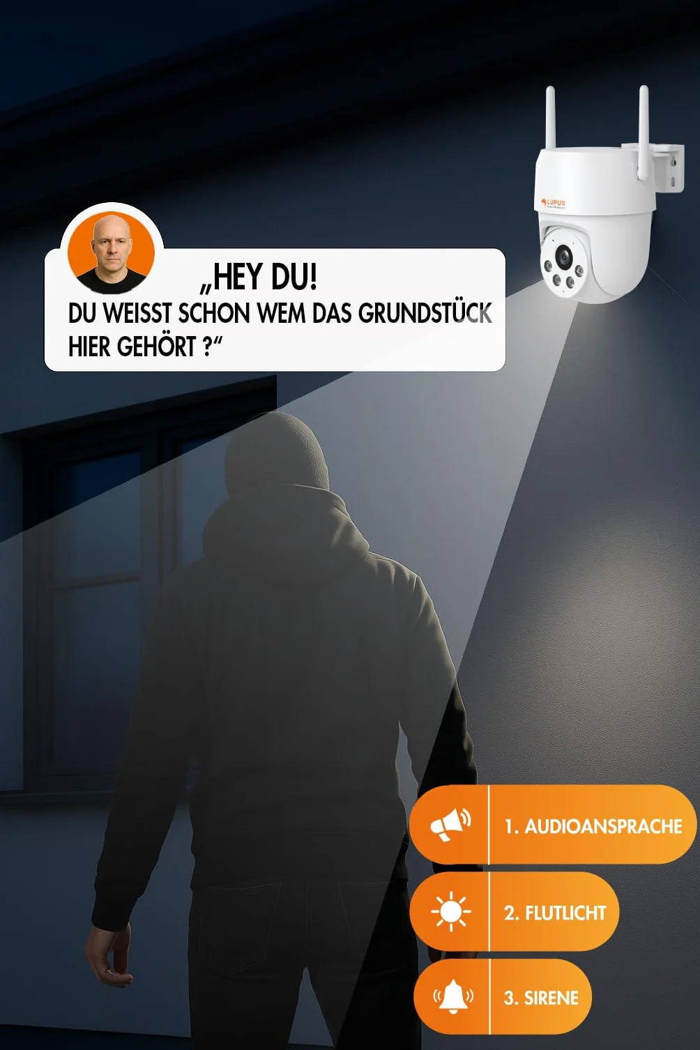 Lupus Electronics LE213 kamera alarmowa ze śledzeniem obiektów AI, WiFi 6, odwołanie do sprawcy, światło reflektorowe, syrena, brak chmury – brak braku danych, producent niemiecki, w zestawie