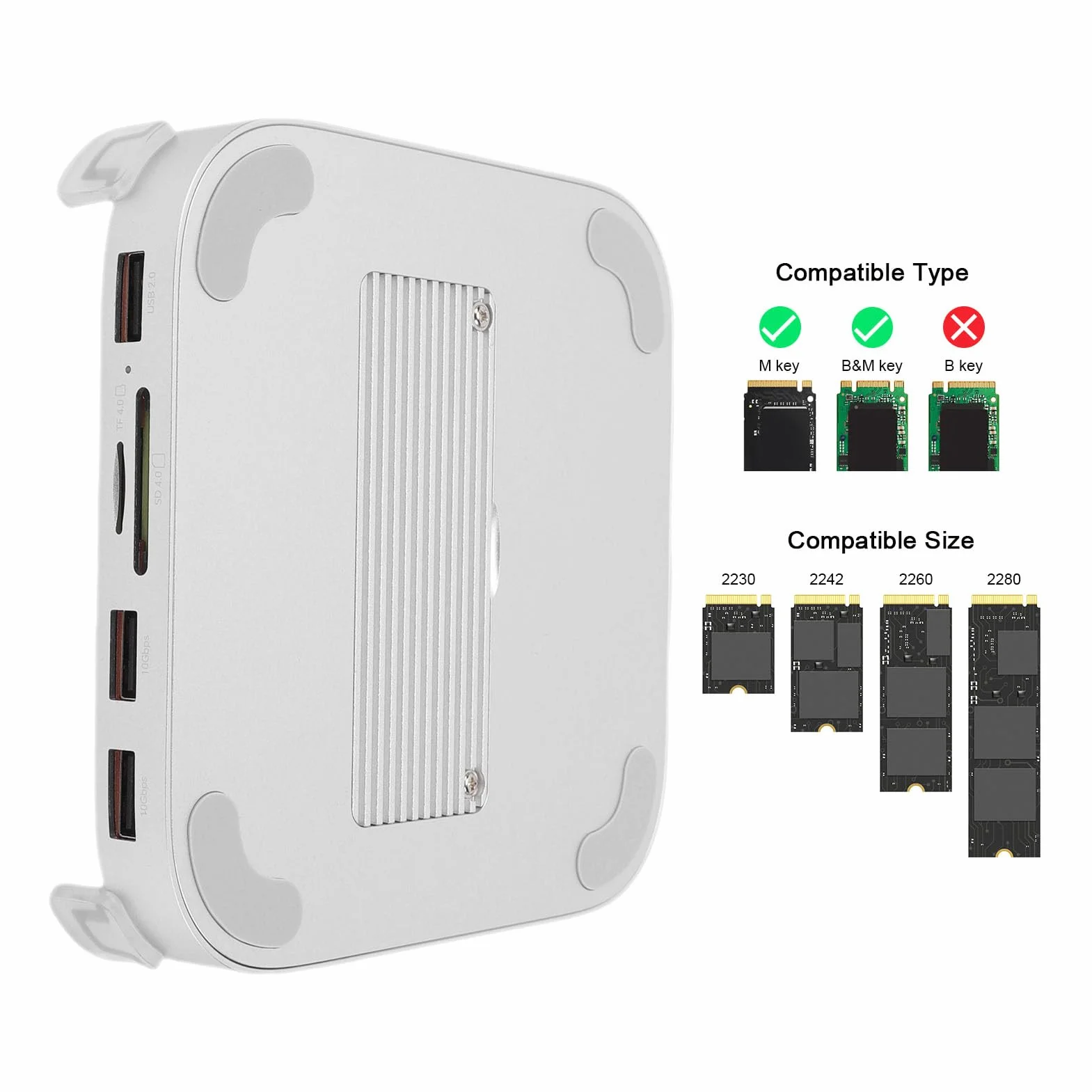 Stacja Dokująca do M4 i M4 Pro 2024, Stojak na obudowę NVMe SSD z Portami USB-A 10 Gb/s, Czytnik Kart SD/TF 4.0, Adapter Koncentratora USB-C Aluminium Srebrny