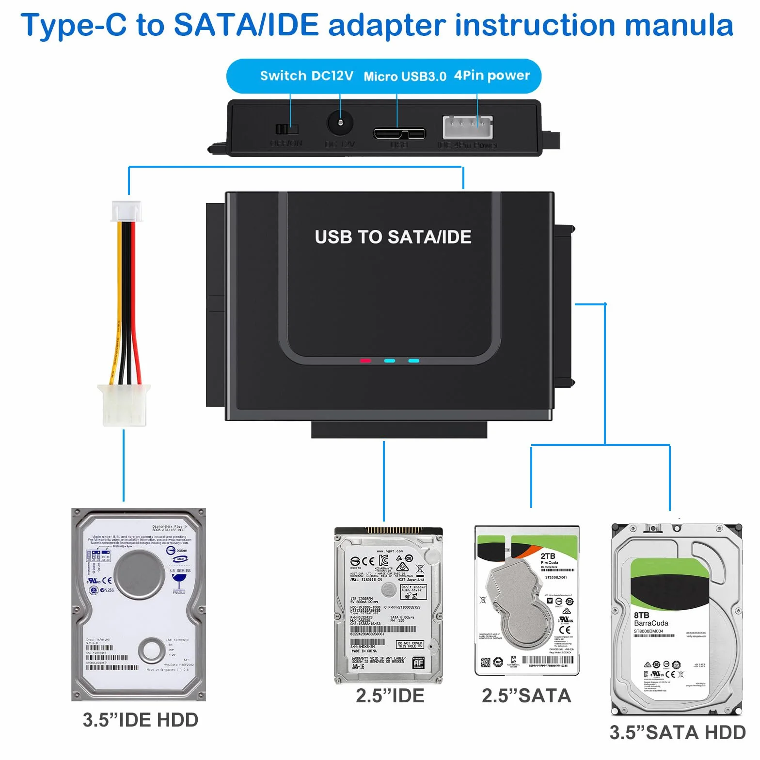 Adapter USB 3.0 na IED SATA, zewnętrzny konwerter czytnika dysku twardego SATA adapter USB do 6.3 cm 8.9 cm HDD SSD z zasilaczem 12/2A