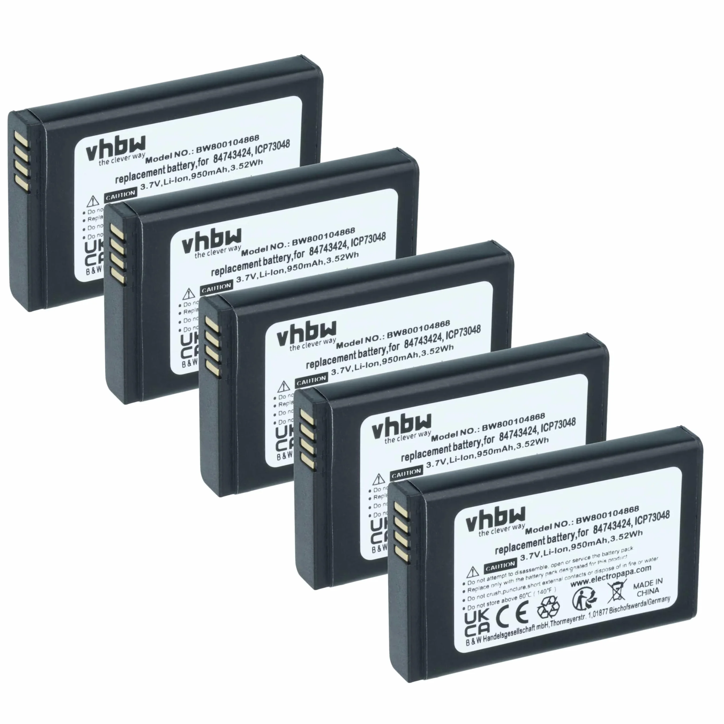 vhbw 5 x bateria kompatybilna z słuchawką Tunstall 7202 Dect, słuchawką 7202P Dect, 7212 Dect, bezprzewodowym telefonem stacjonarnym (950 mAh, 3,7 V, litowo-jonowy)
