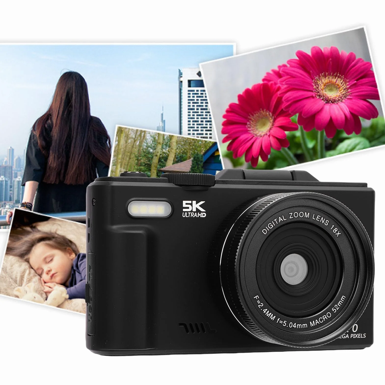 Asixxsix Aparat cyfrowy 5K, aparat podróżny z zoomem 18x i rozdzielczością 75 MP, WiFi, 3-calowym ekranem obracanym o 180 stopni i lampą LED, do robienia selfie podczas podróży (BLACK)