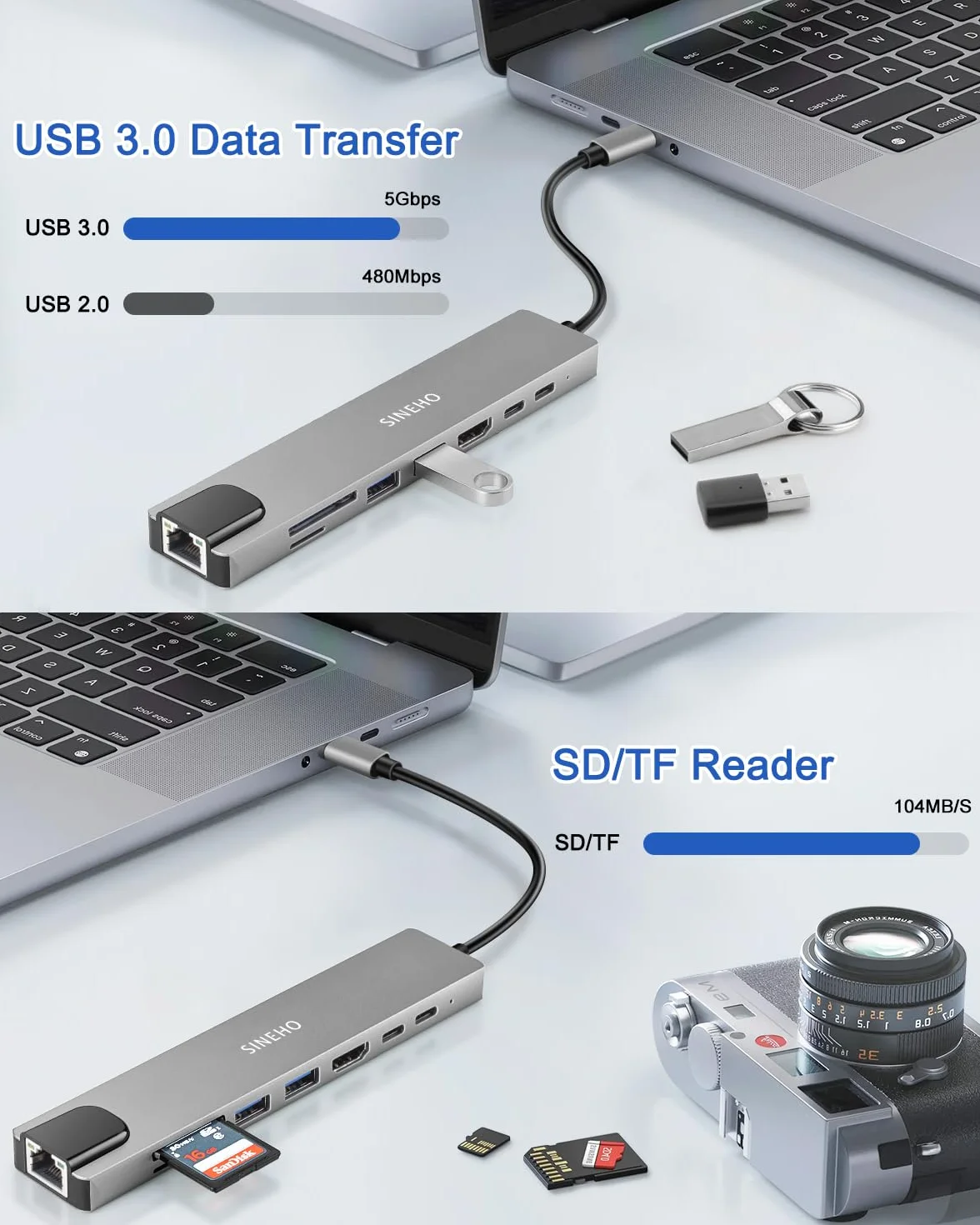 Hub USB C 8 w 1 HDMI 4K 30 Hz PD 100 W USB 3.0 Ethernet czytnik kart SD/TF MacBook Dell XPS Surface Pro