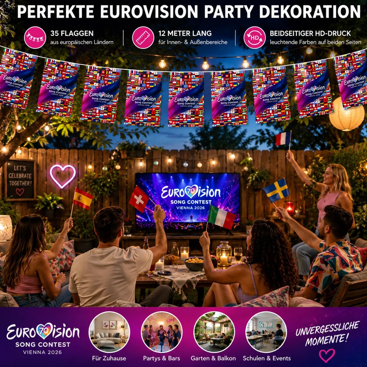 Eurovision 2026 łańcuch chorągiewek z flagą 35 narodowych flag HD dekoracja
