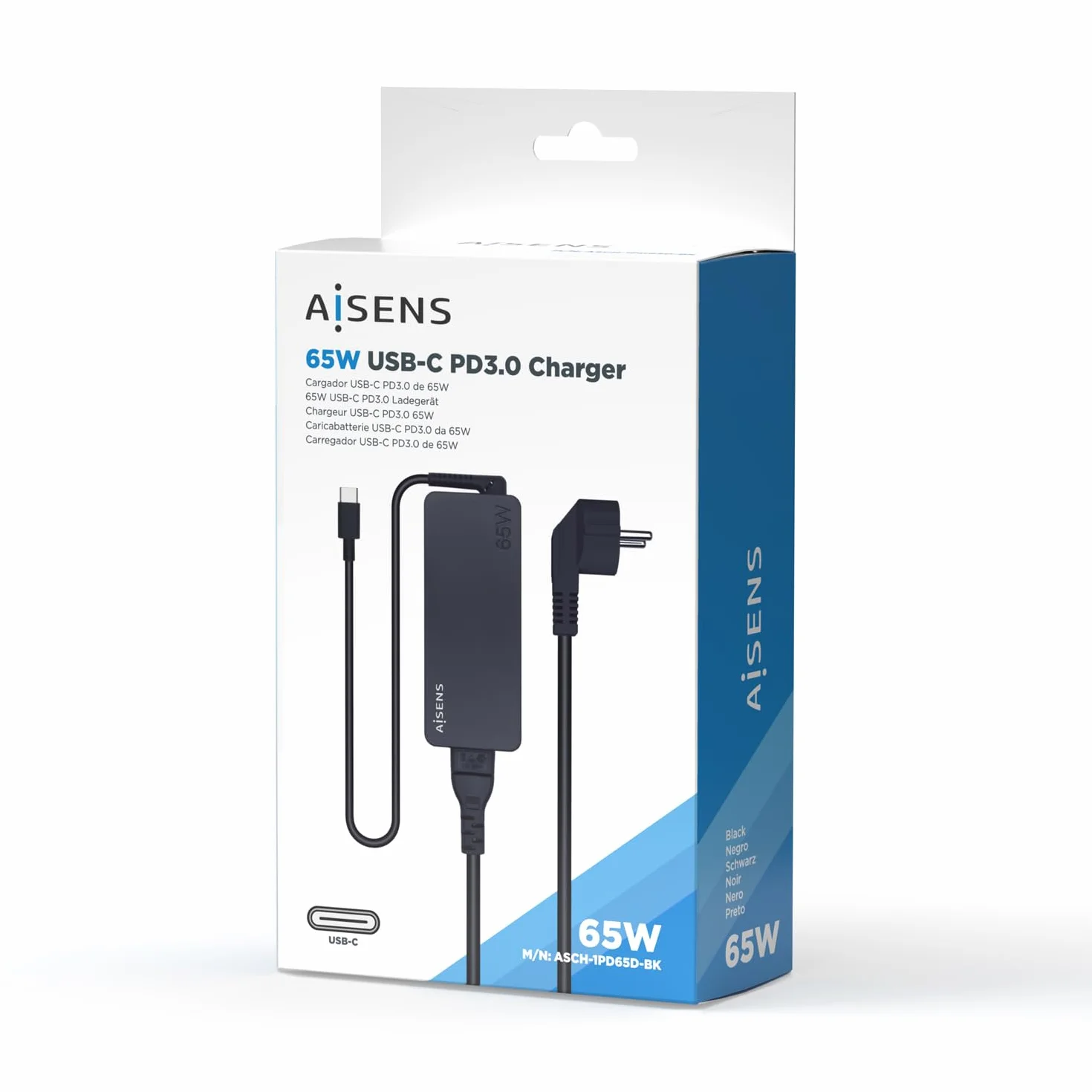 AISENS - ASCH-1PD65D-BK - Czarny 65W PD3.0 1XUSB-C 1.8M, Czarny