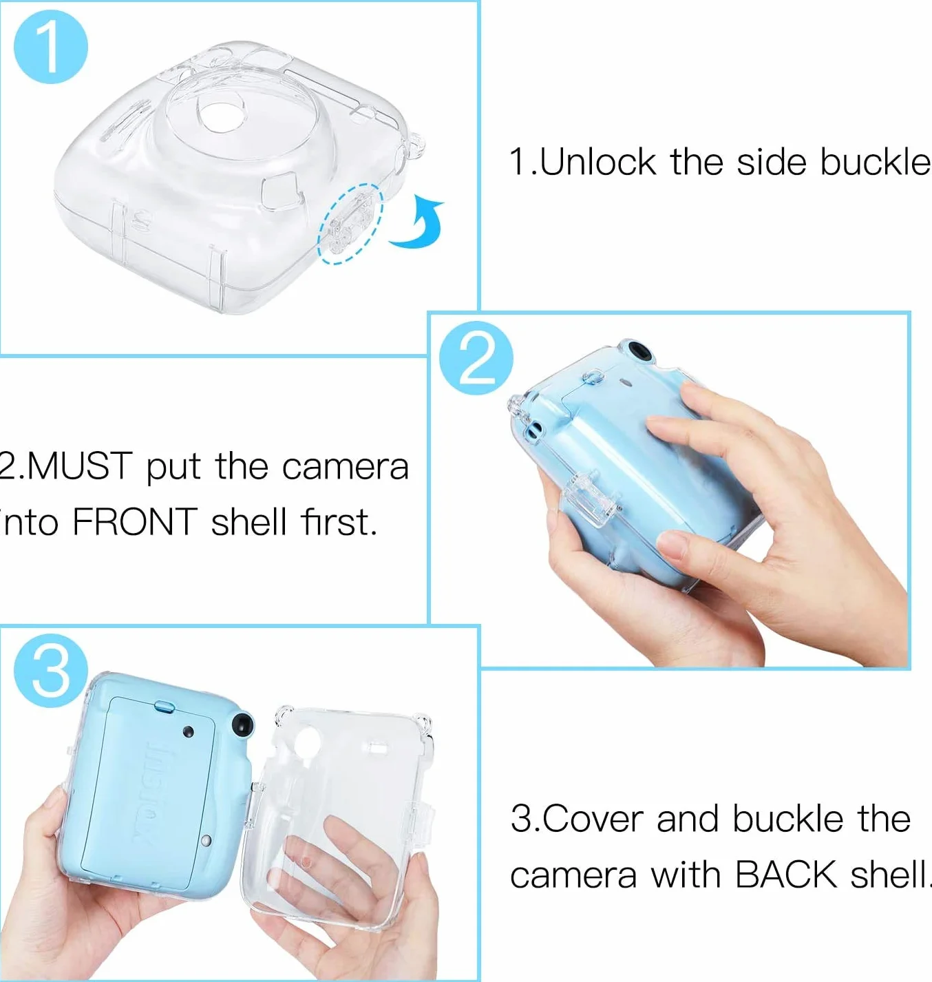 FINTIE Przezroczyste etui ochronne do aparatu Fujifilm Instax Mini 11 Instant Film - Krystalicznie twarda osłona PCW ze zdejmowanym tęczowym paskiem na ramię, przezroczyste