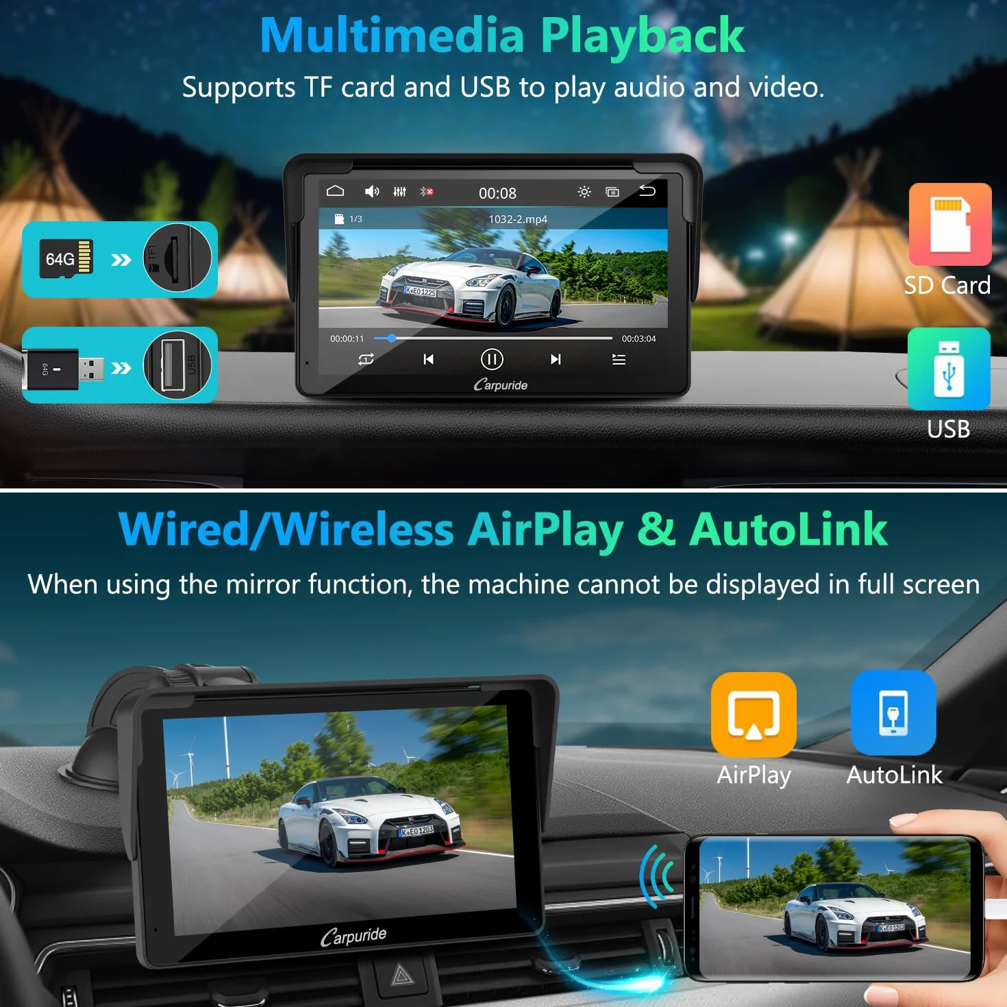 Carpuride Samochodowe stereo, przenośne bezprzewodowe Carplay i Android Auto, 7-calowe radio z ekranem dotykowym 1080P HD z BT 5.0, lusterko łączące wsparcie ciężarówki RV Dash Mount