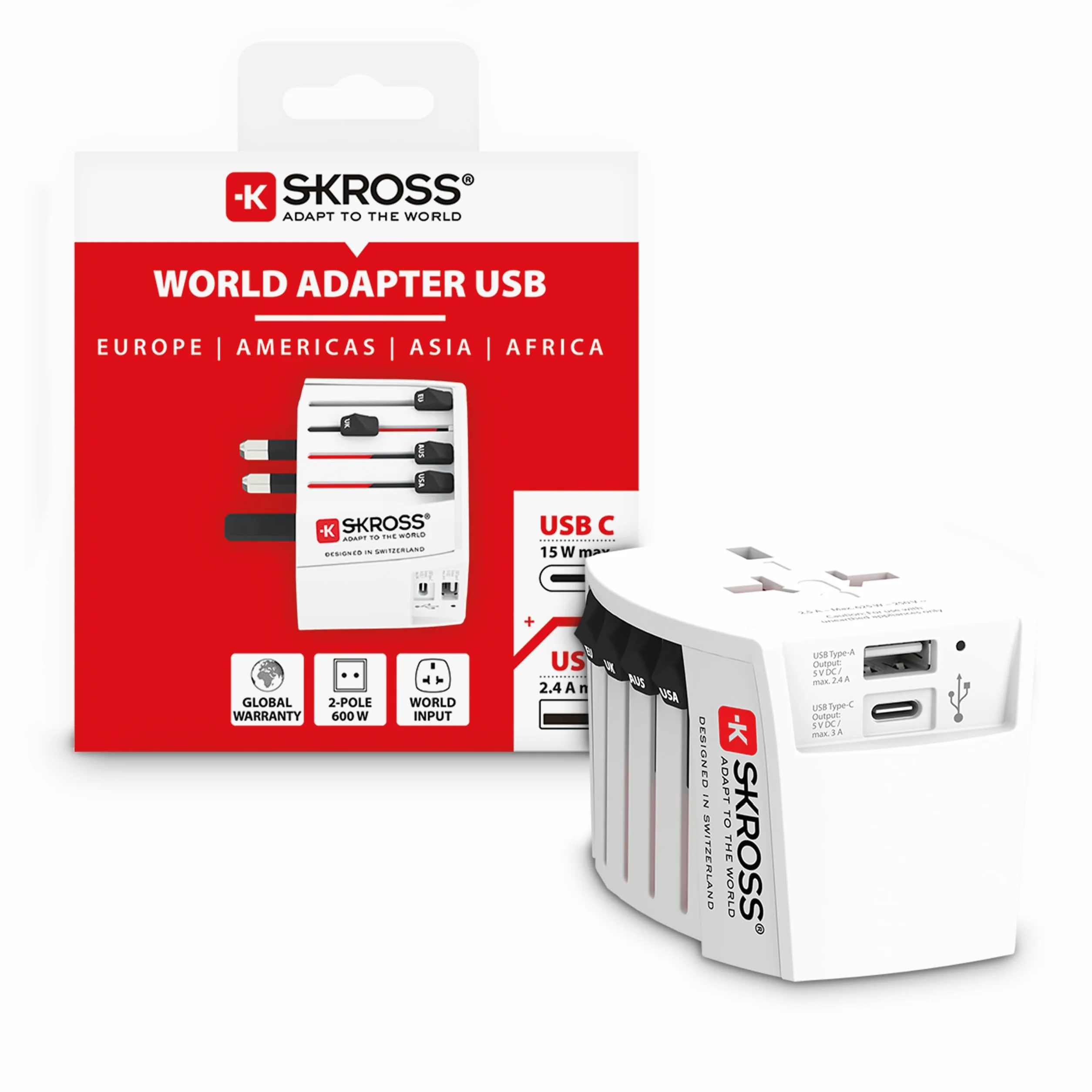 SKROSS | 1.302962 | MUV USB (AC) | Universele 2-pins reisadapter met 2 USB. Spanning en vermogen: 100V - 250W / 250V - 625W - 1 x USB C: 3,0A, 1 x USB A: 2,4A. Bescherming tegen elektrische schokken