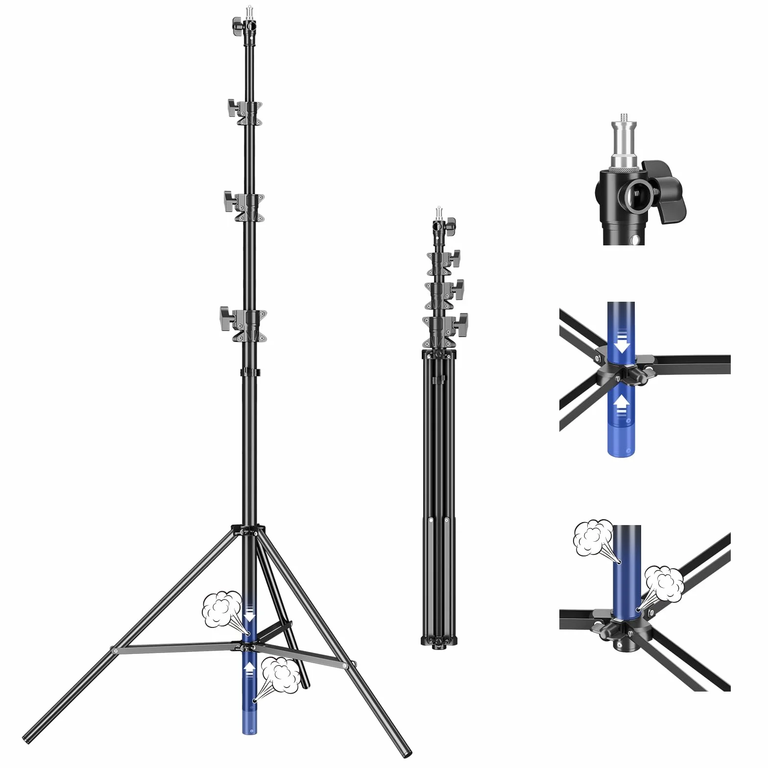Soonpho AIR Pro statyw oświetleniowy 440 cm, tłumiony powietrzem, metal, aluminium, maks. wysokość 4,4 m, nośność 15 kg, stabilny i wygodny statyw do kinkietów, fotografii, studia fotograficznego