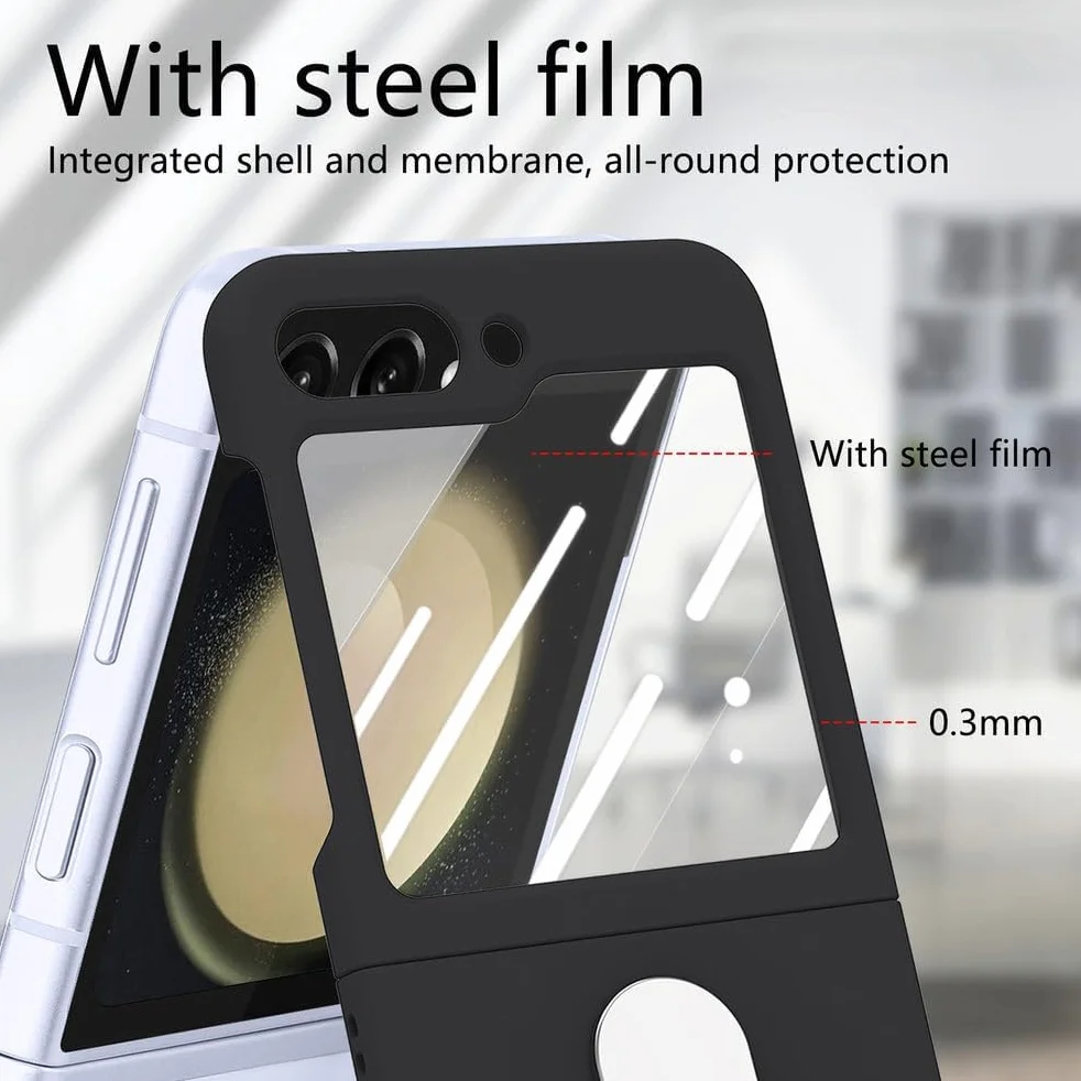 Odporne na wstrząsy etui do Samsung Galaxy Z Flip 7, osłona ekranu ze szkła hartowanego, etui na telefon z metalowym uchwytem pierścieniowym, stojak, smukłe, twarde etui z PC, fioletowe