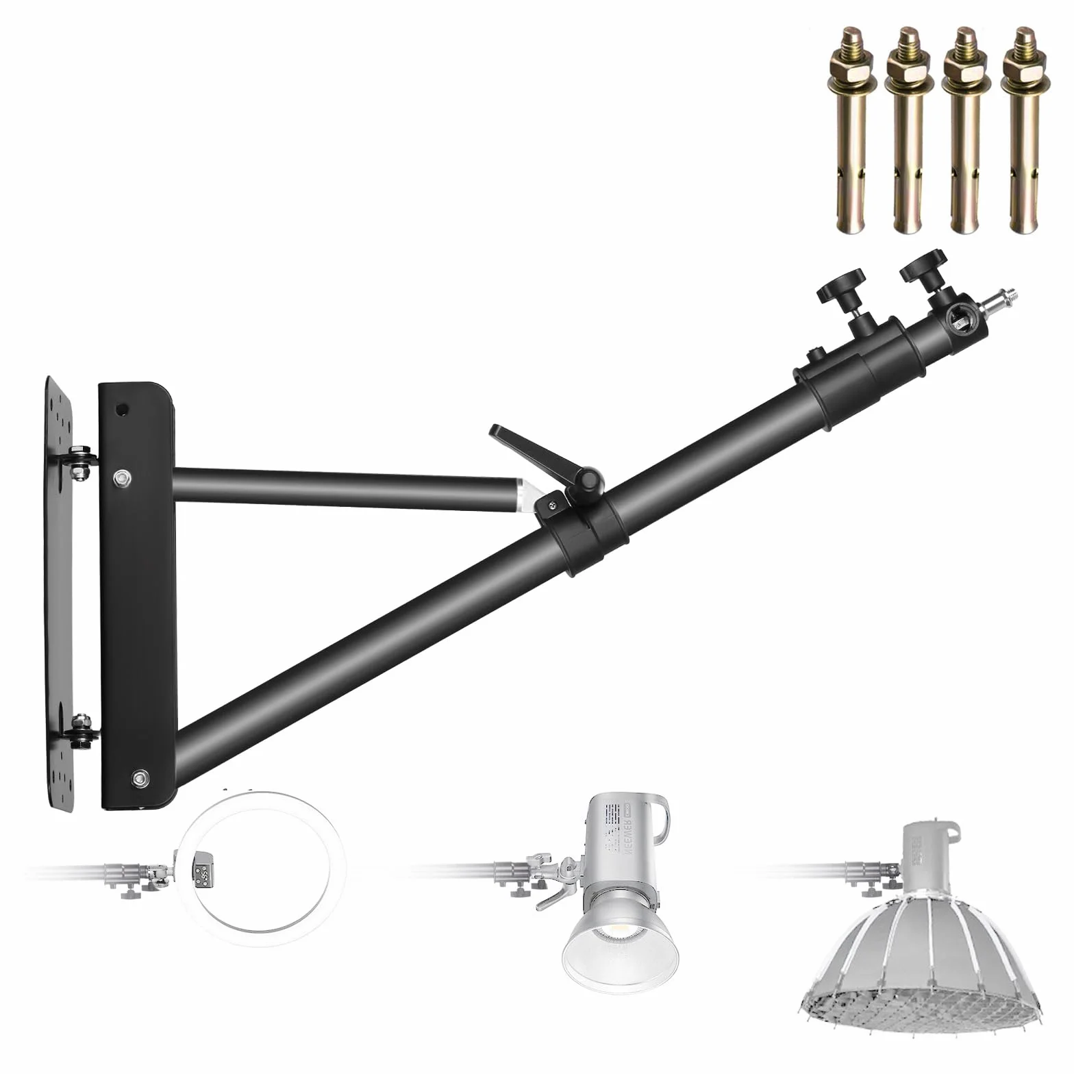 NEEWER Monolight Softbox ramię z trójkątną podstawą do fotografii, studia wideo, światło stroboskopowe, światło monolight, softbox, reflektor parasolowy, obrót o 180 stopni, maks. długość 169 cm