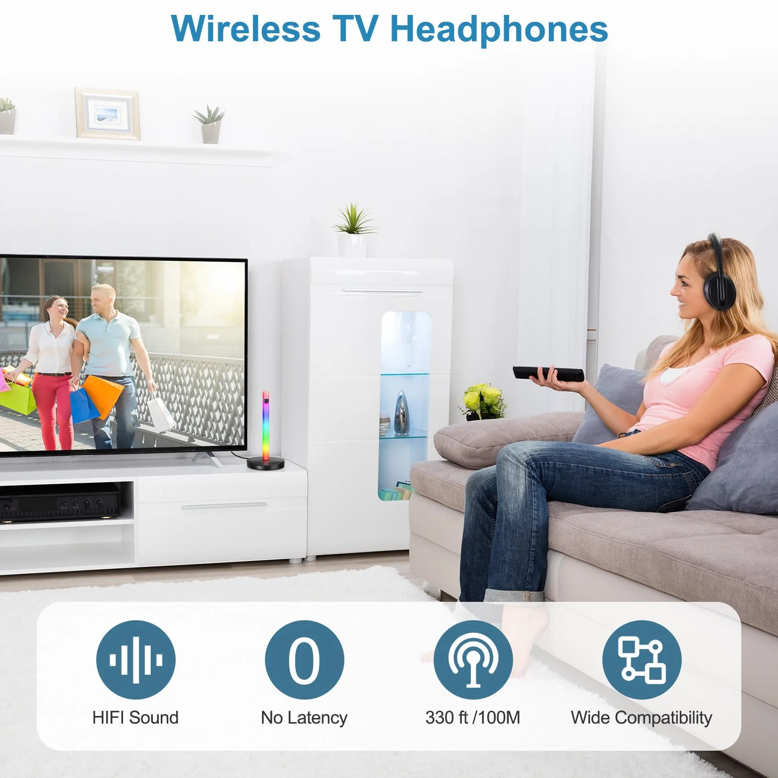 Bezprzewodowy zestaw słuchawkowy do telewizora, z nadajnikiem radiowym i stojakiem, słuchawki nauszne Bluetooth, zasięg 330 m, bez opóźnienia