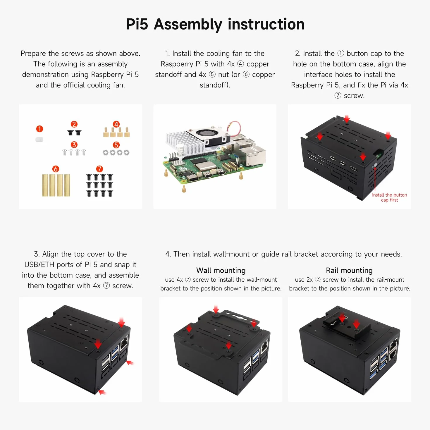 Waveshare Industrial Grade Metal Case (D) For Raspberry Pi 5, Larger Internal Space, Supports Installing Official Cooling Fan And Various HATs, Wall-Mount And Rail-Mount Support