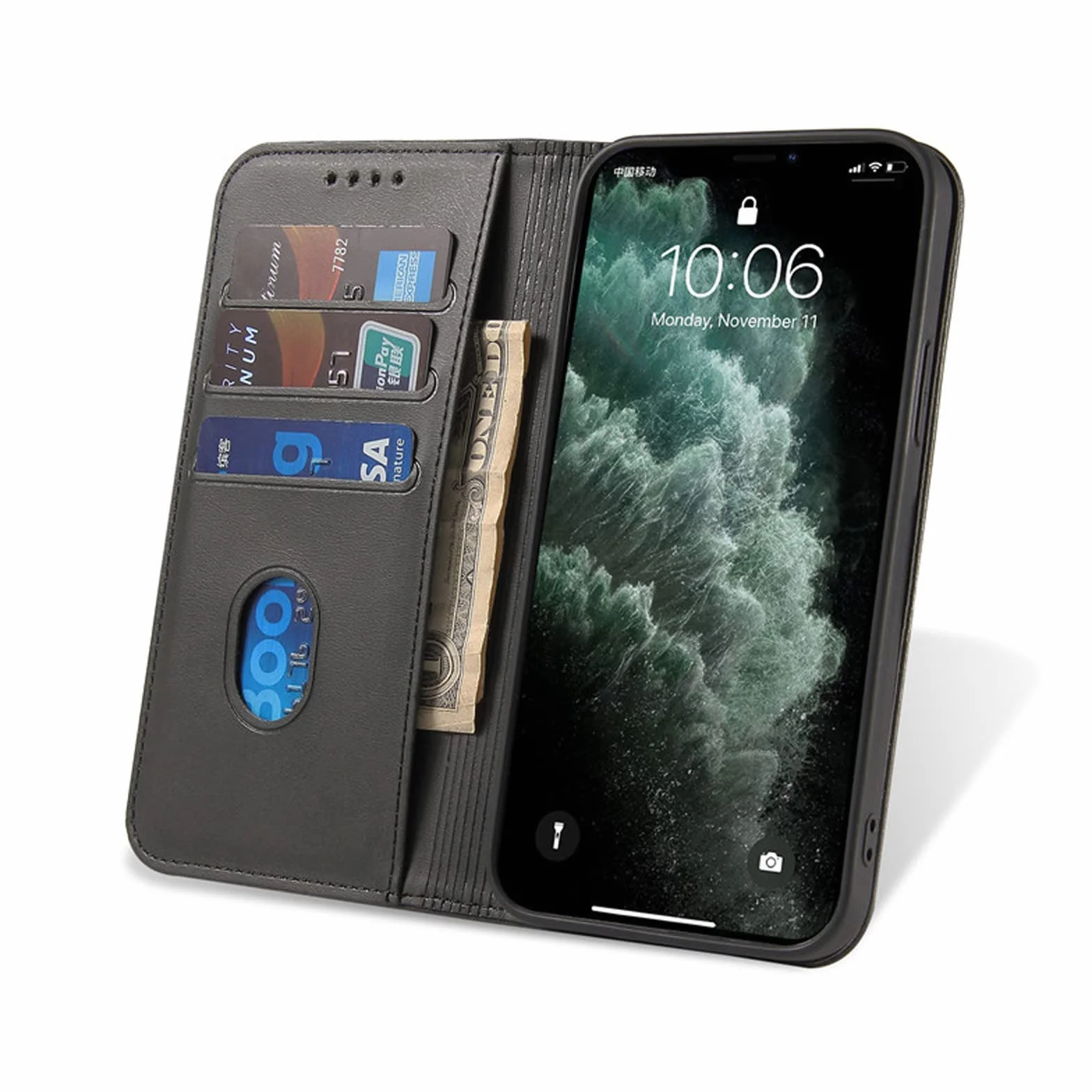 LTL Etui na telefon do iPhone 13 Mini/13/13 Pro/13 Pro Max, ręcznie robione skórzane etui z klapką z przegródkami na karty, etui na telefon, magnetyczne zamknięcie, czarne, 13 mini 5,4 cala